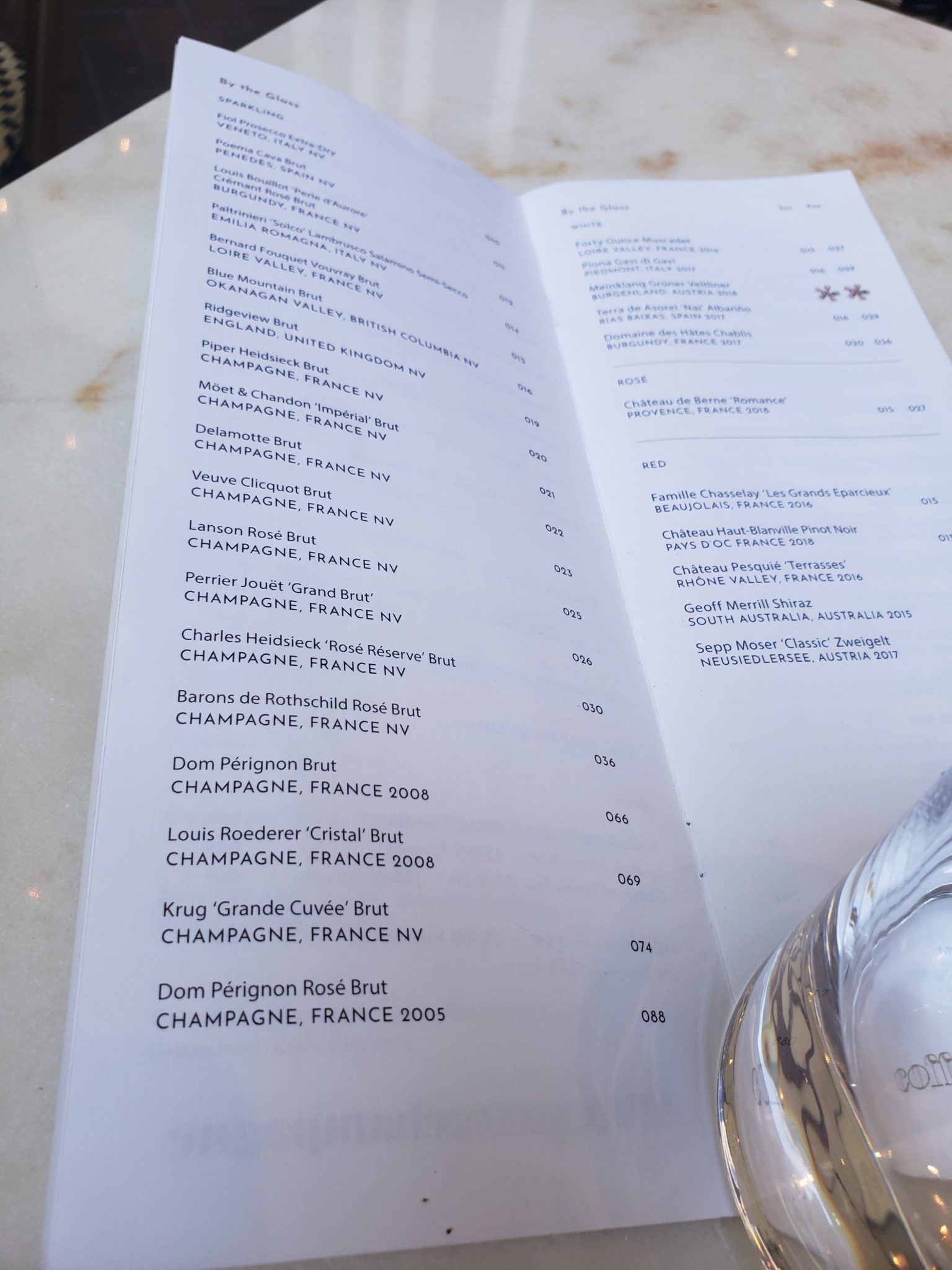 a menu with a glass of water
