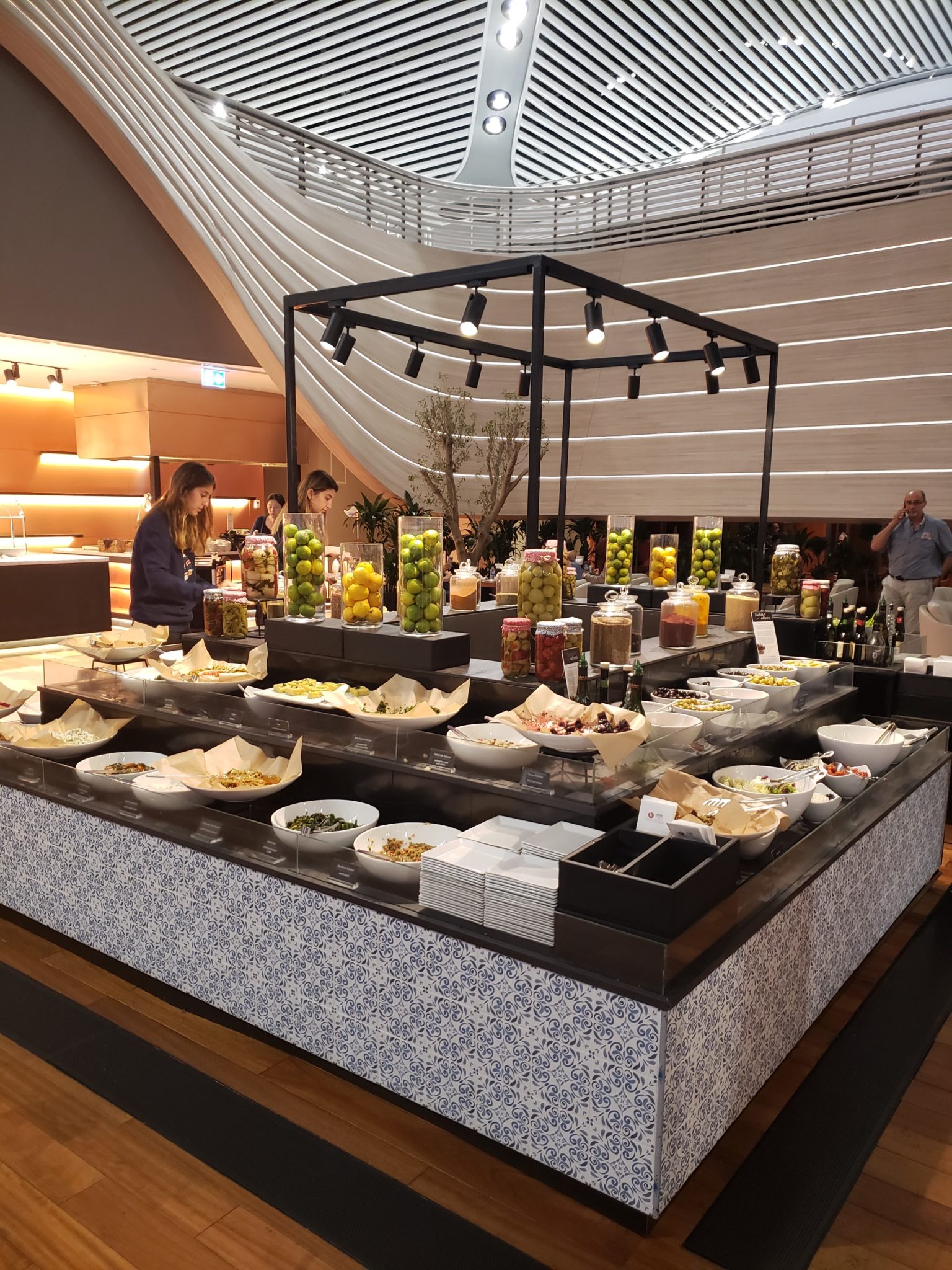 a buffet table with food on it