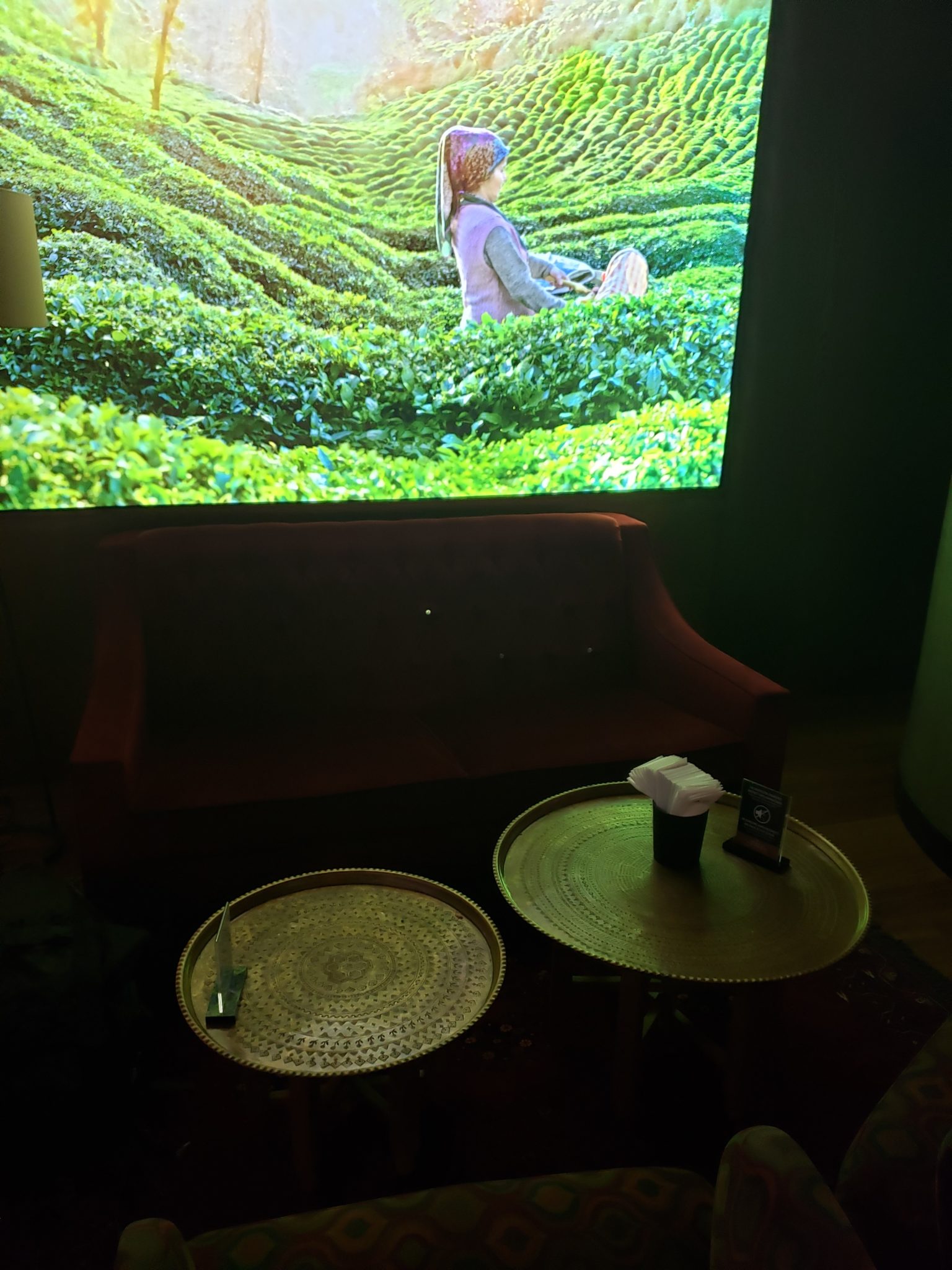 a couch and table with a projector screen
