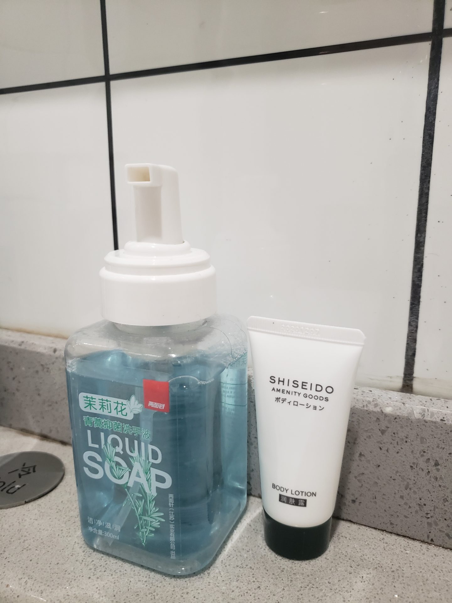 a soap dispenser and a tube of body lotion
