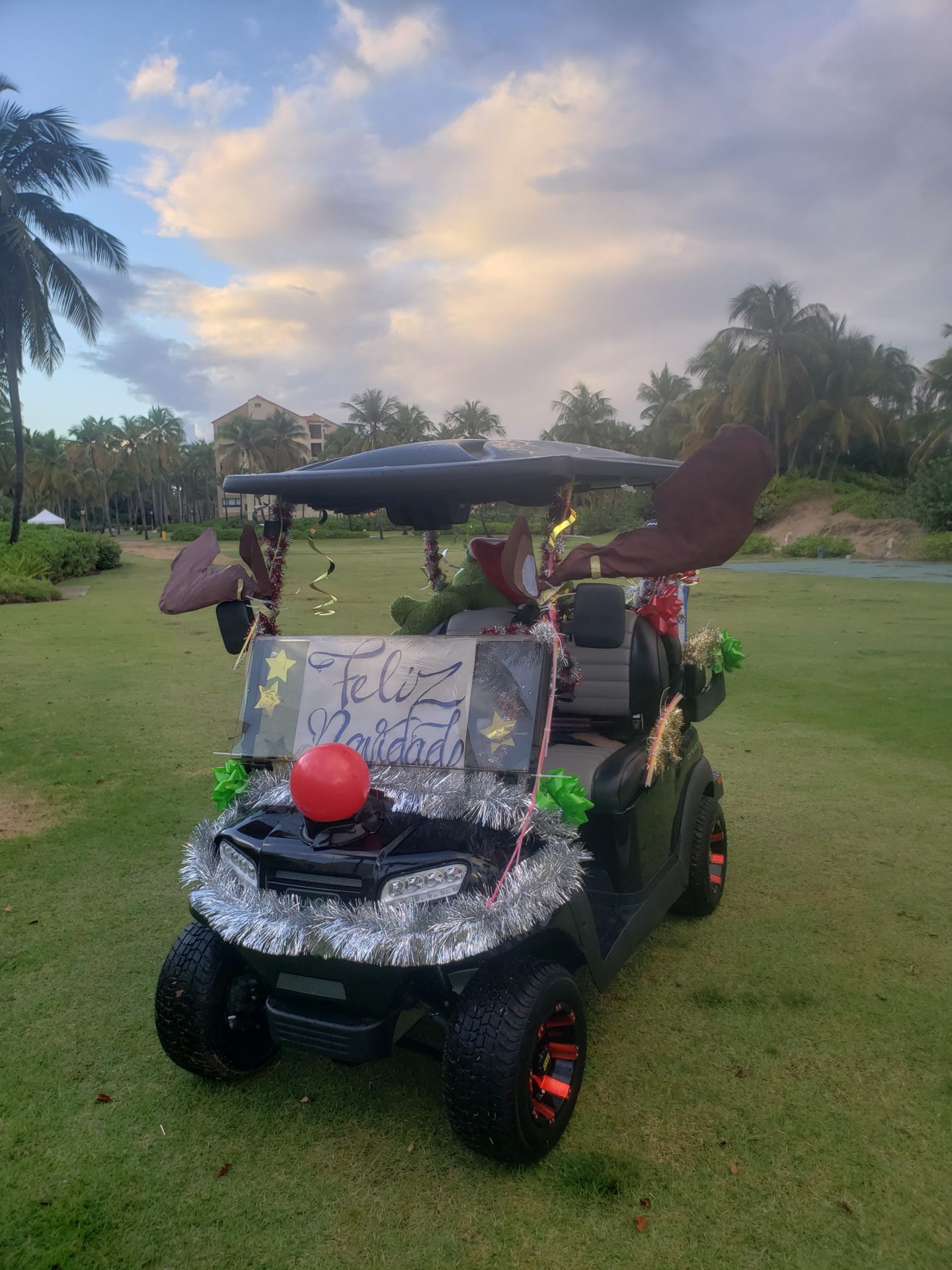 a golf cart decorated with tinsel and garlands