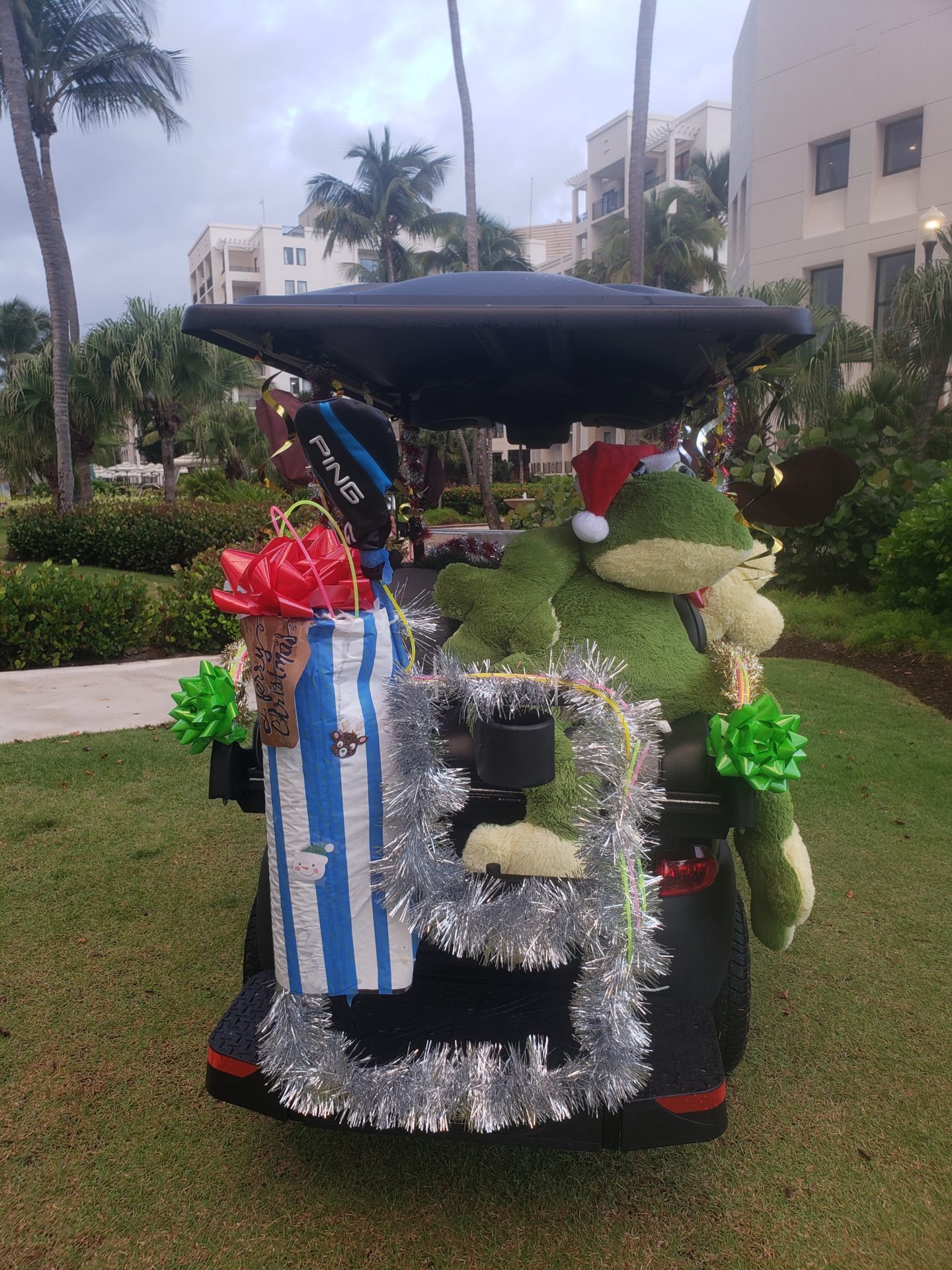 a golf cart decorated with christmas decorations