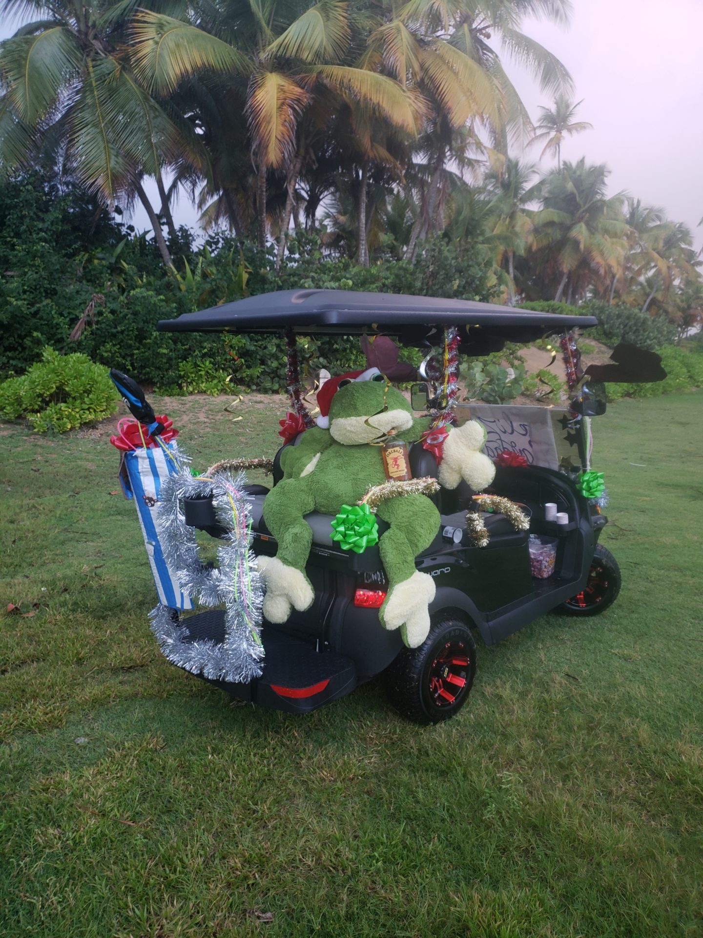 a stuffed animal on a golf cart