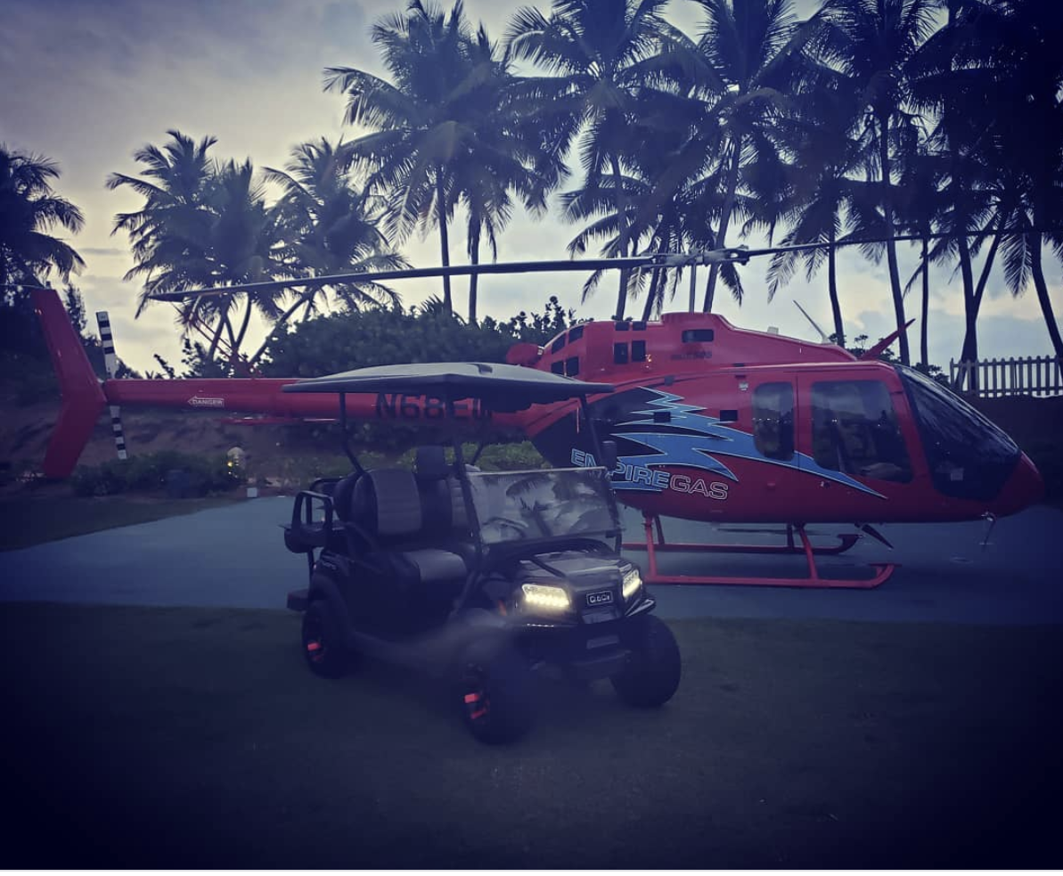 a golf cart and a helicopter