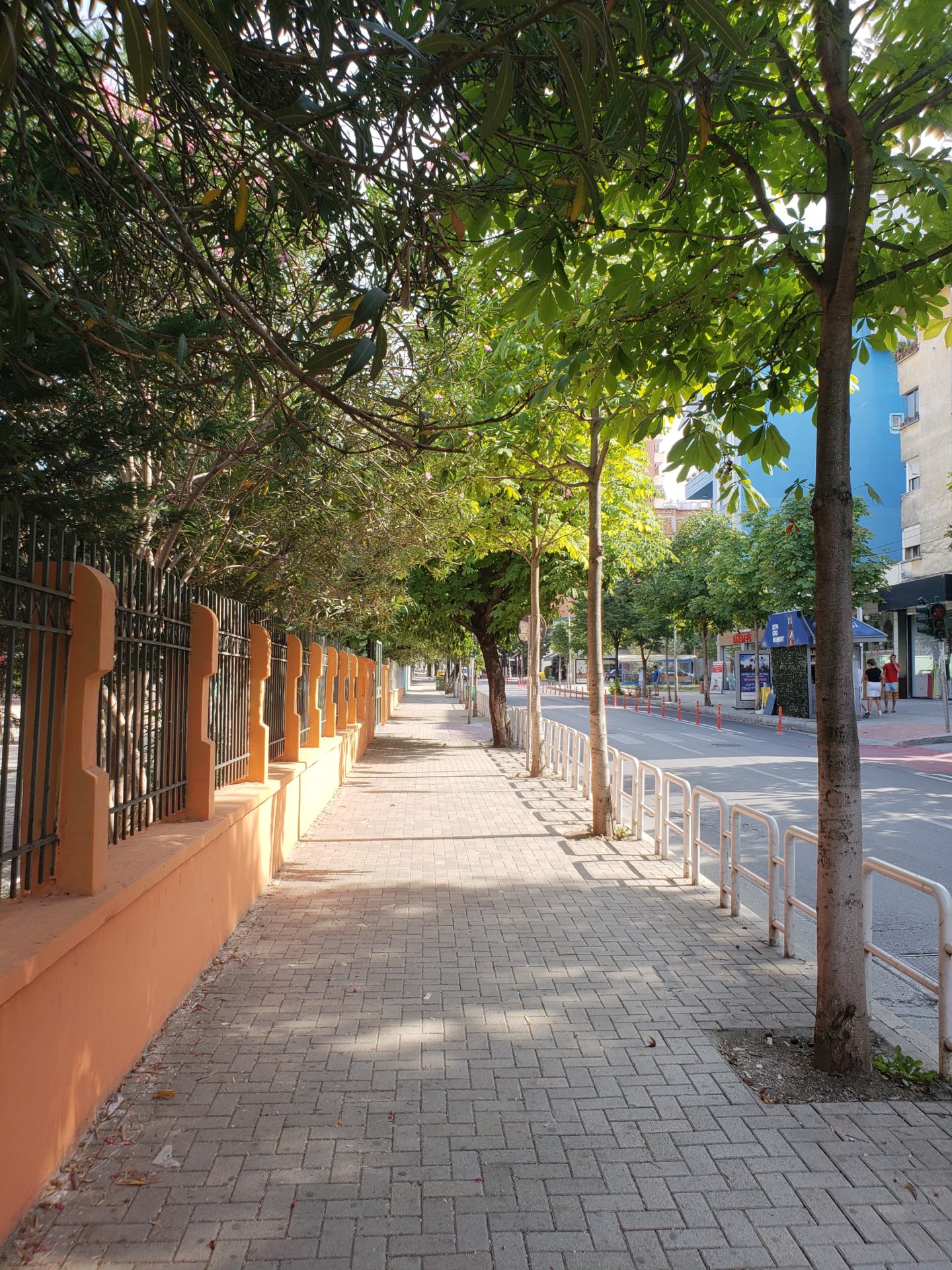 a sidewalk with trees and a fence
