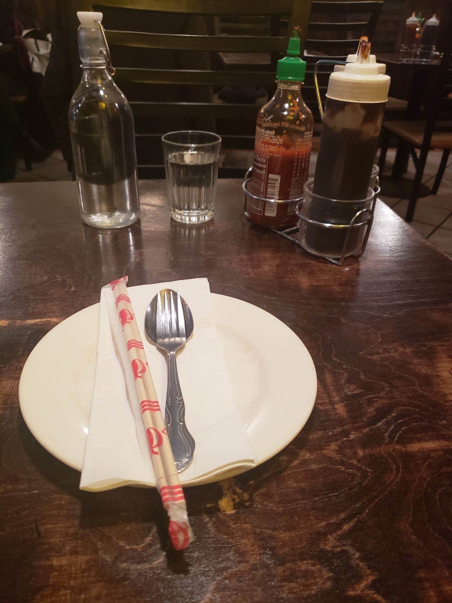 a plate with a fork and chopsticks on it