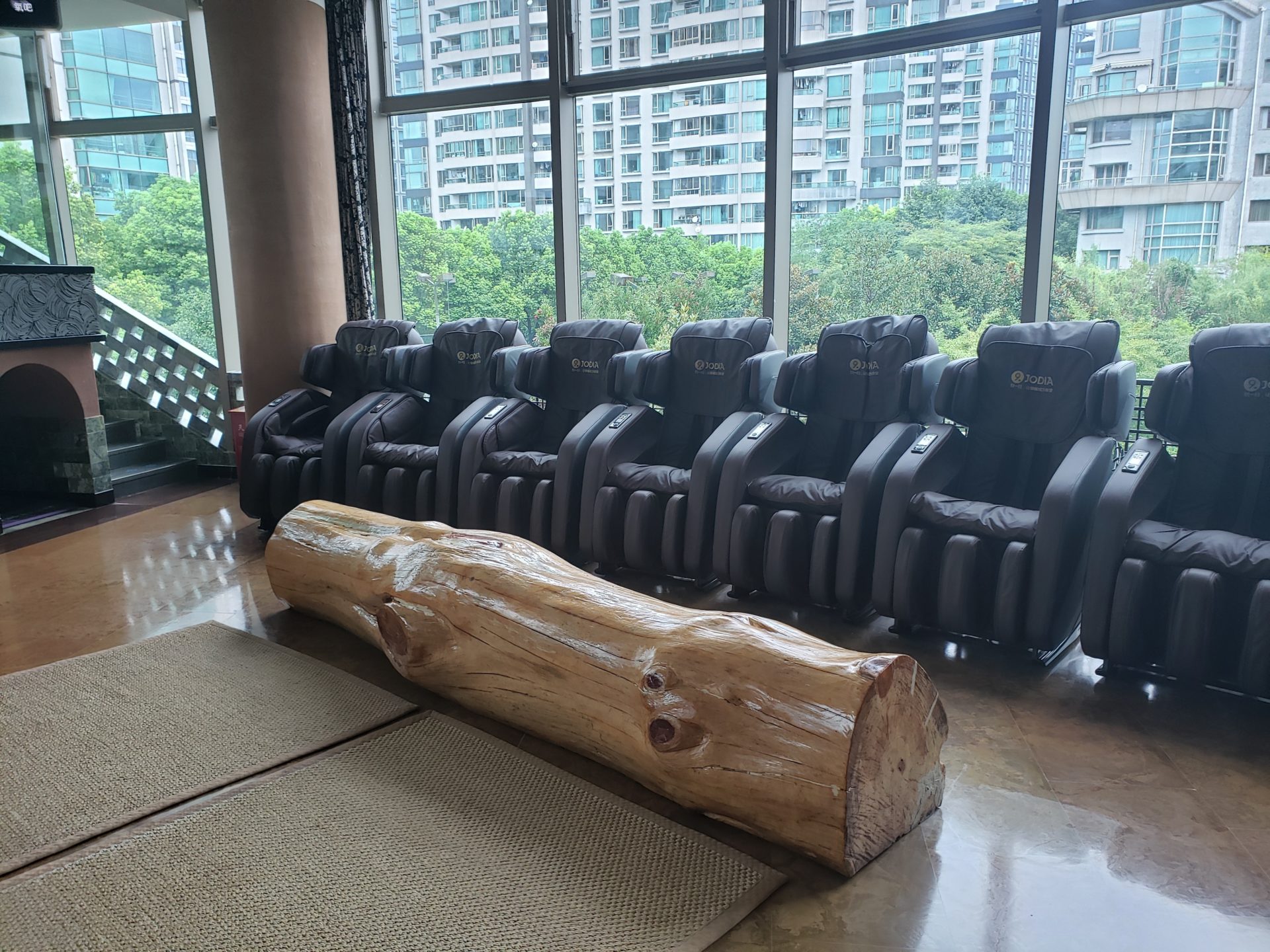 a large log in a room with chairs and a rug