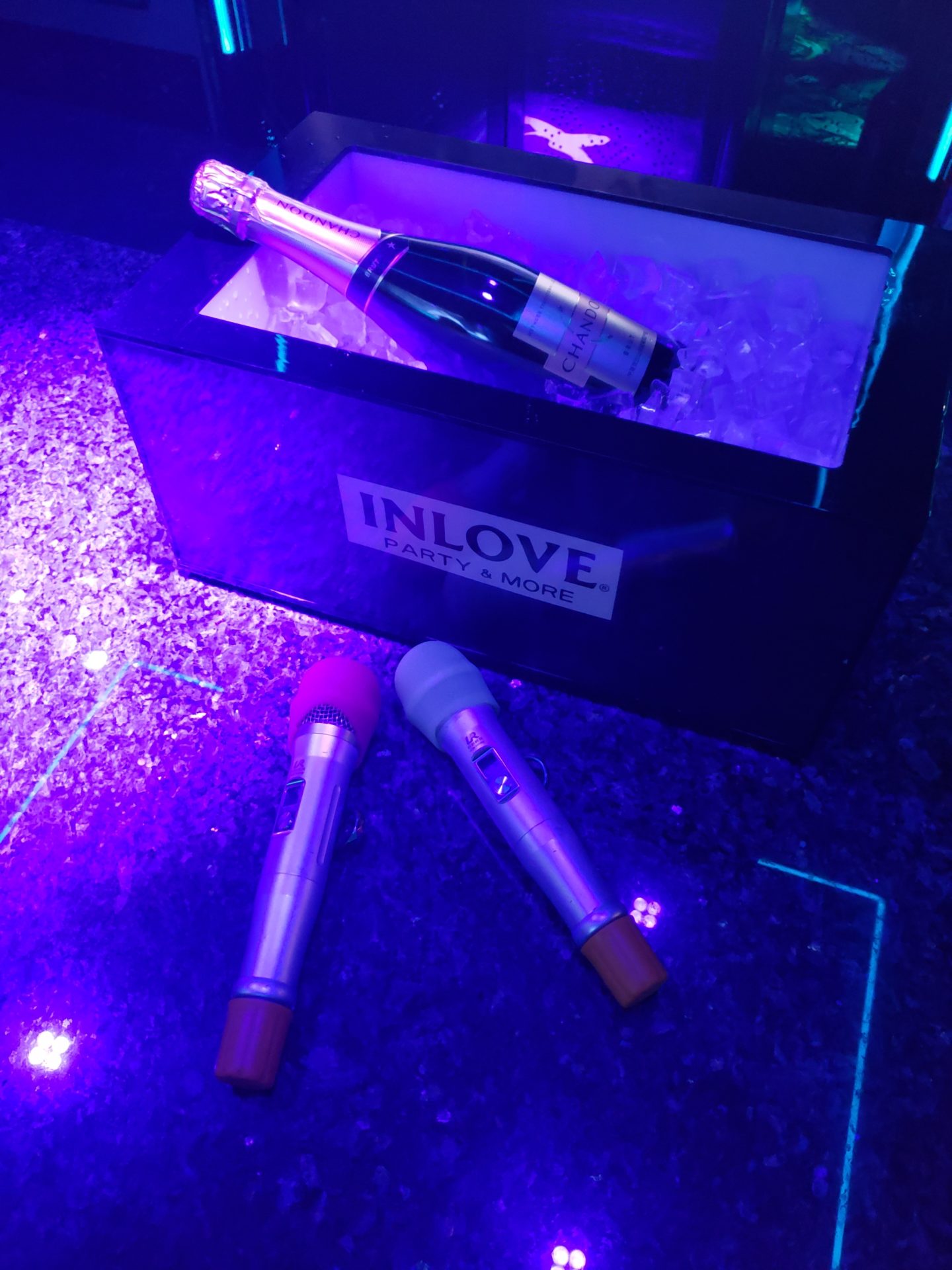 a bottle of champagne in a box with ice and microphones