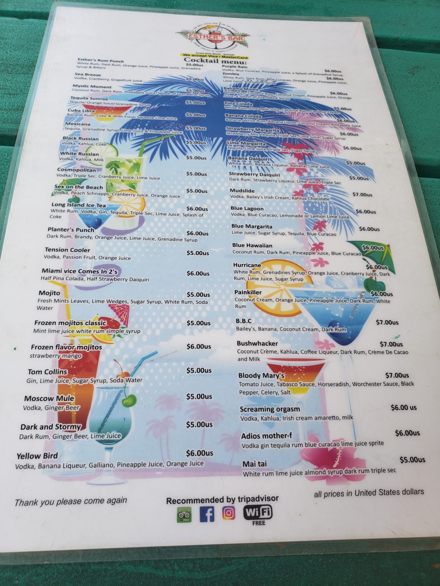a menu with pictures of drinks and a palm tree