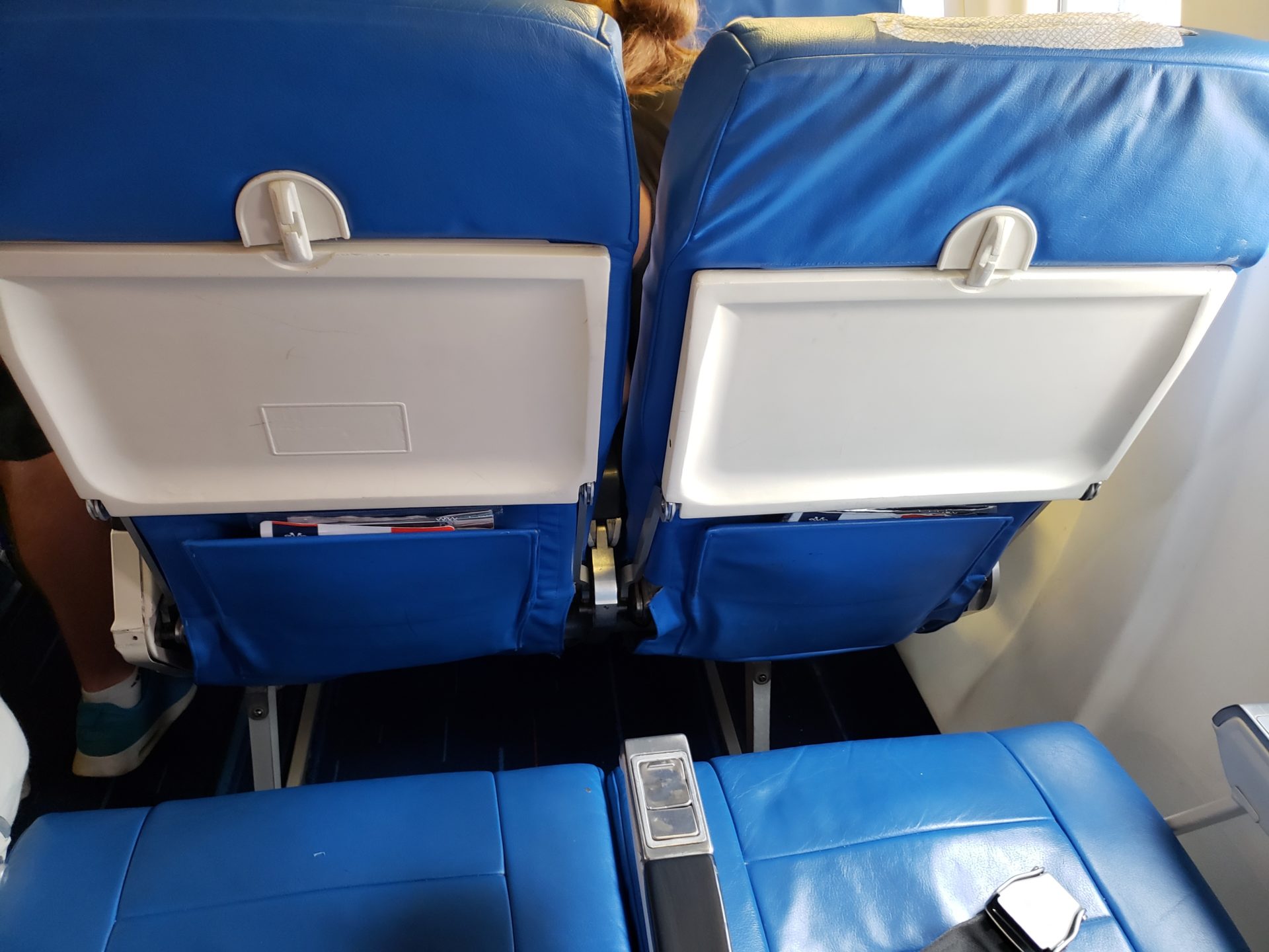 a blue and white seats in an airplane