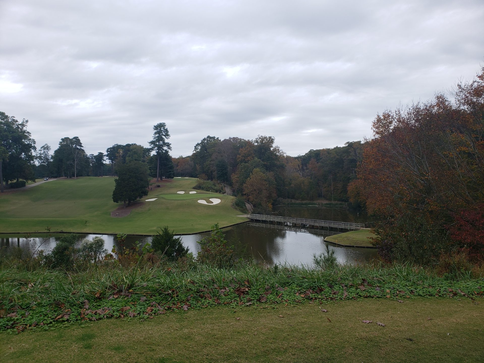 a golf course with a body of water and trees