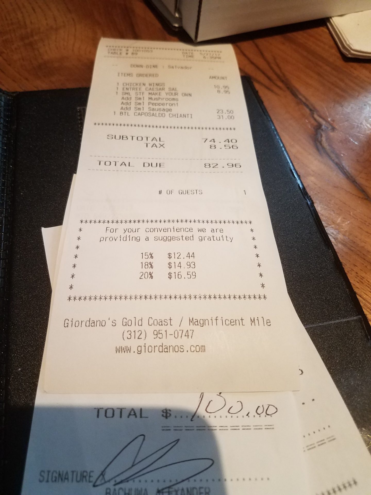 a receipt in a restaurant