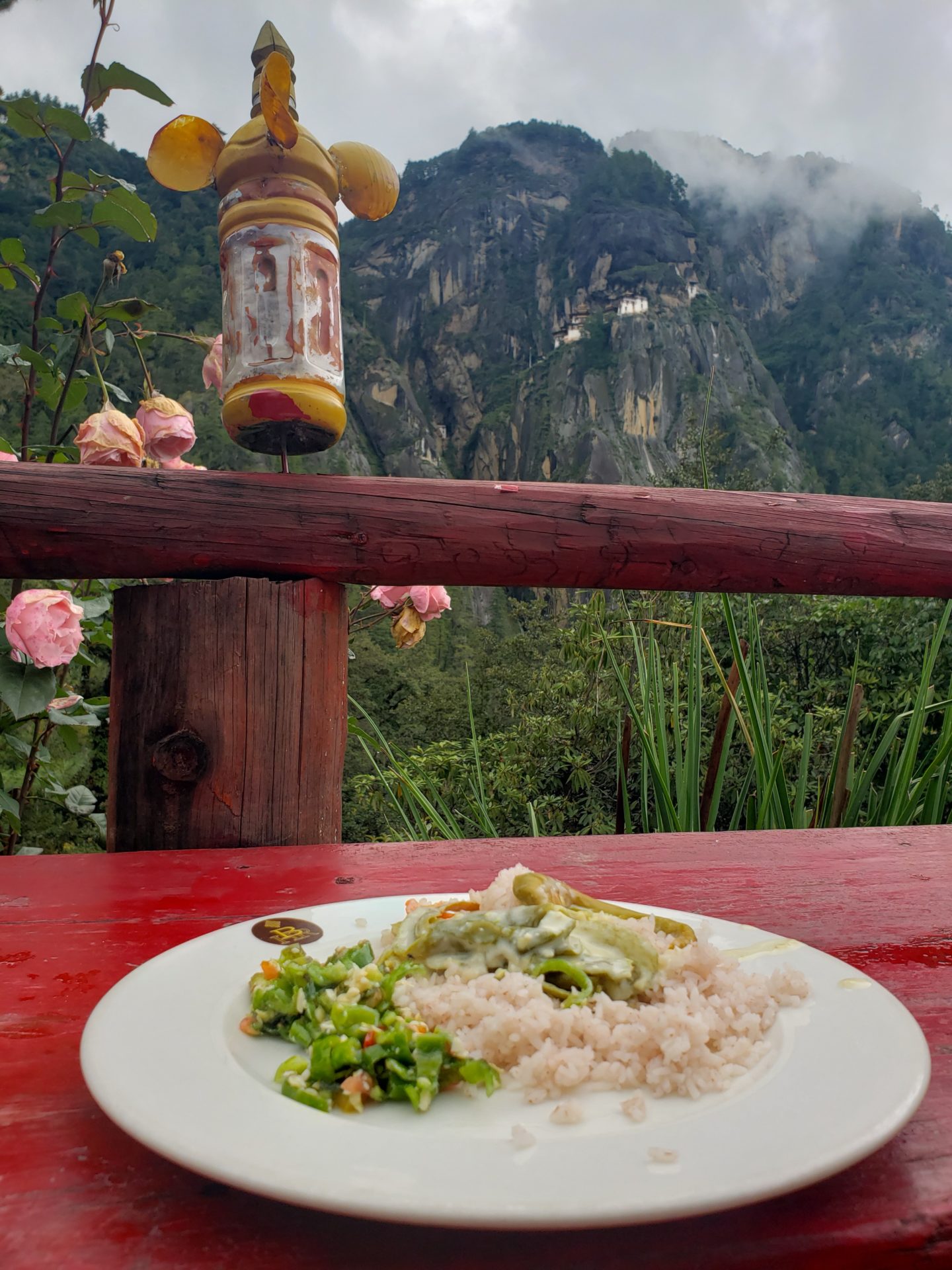 a plate of food on a table with a mountain in the background