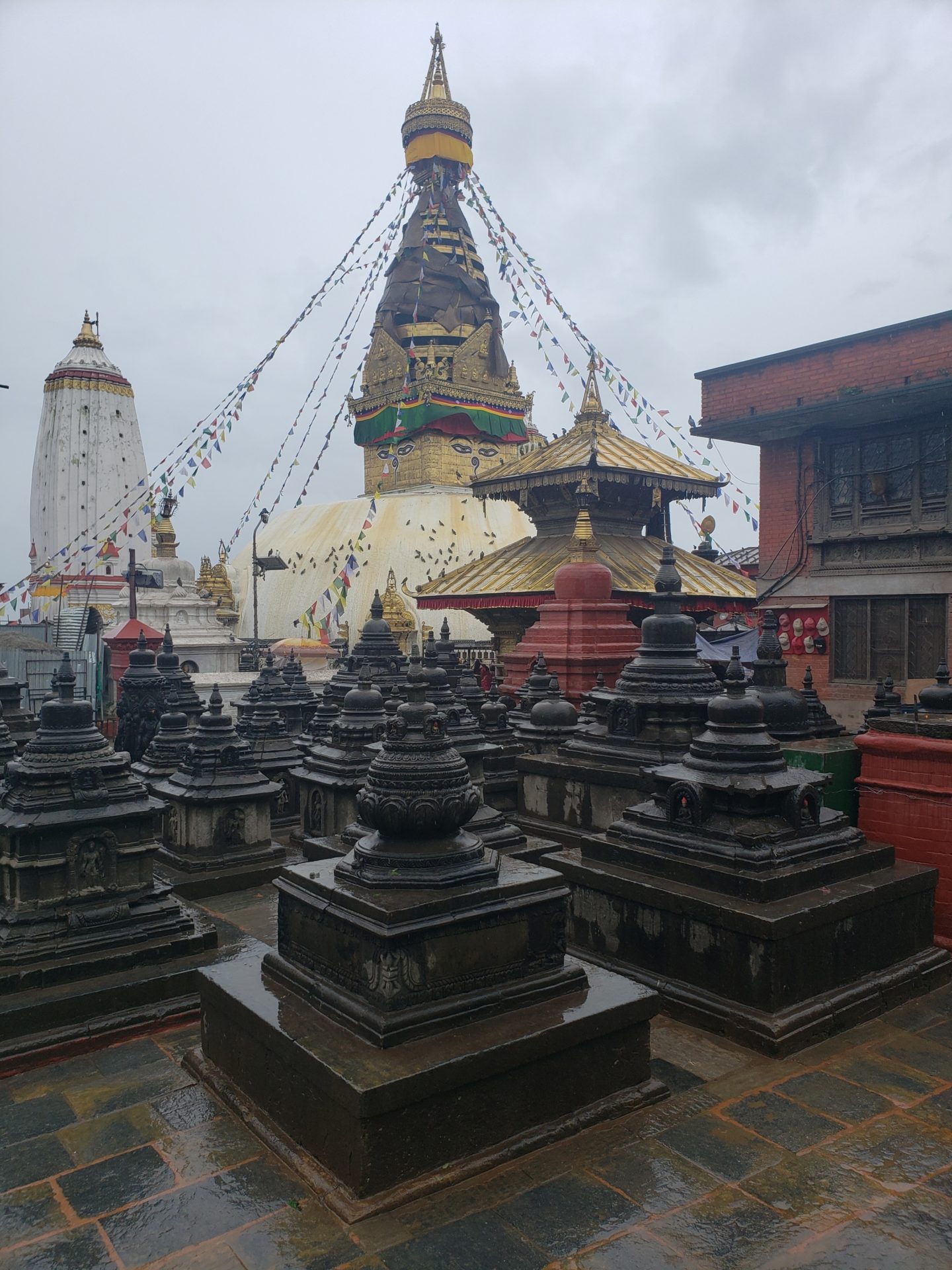 a group of small buildings with Swayambhunath in the background