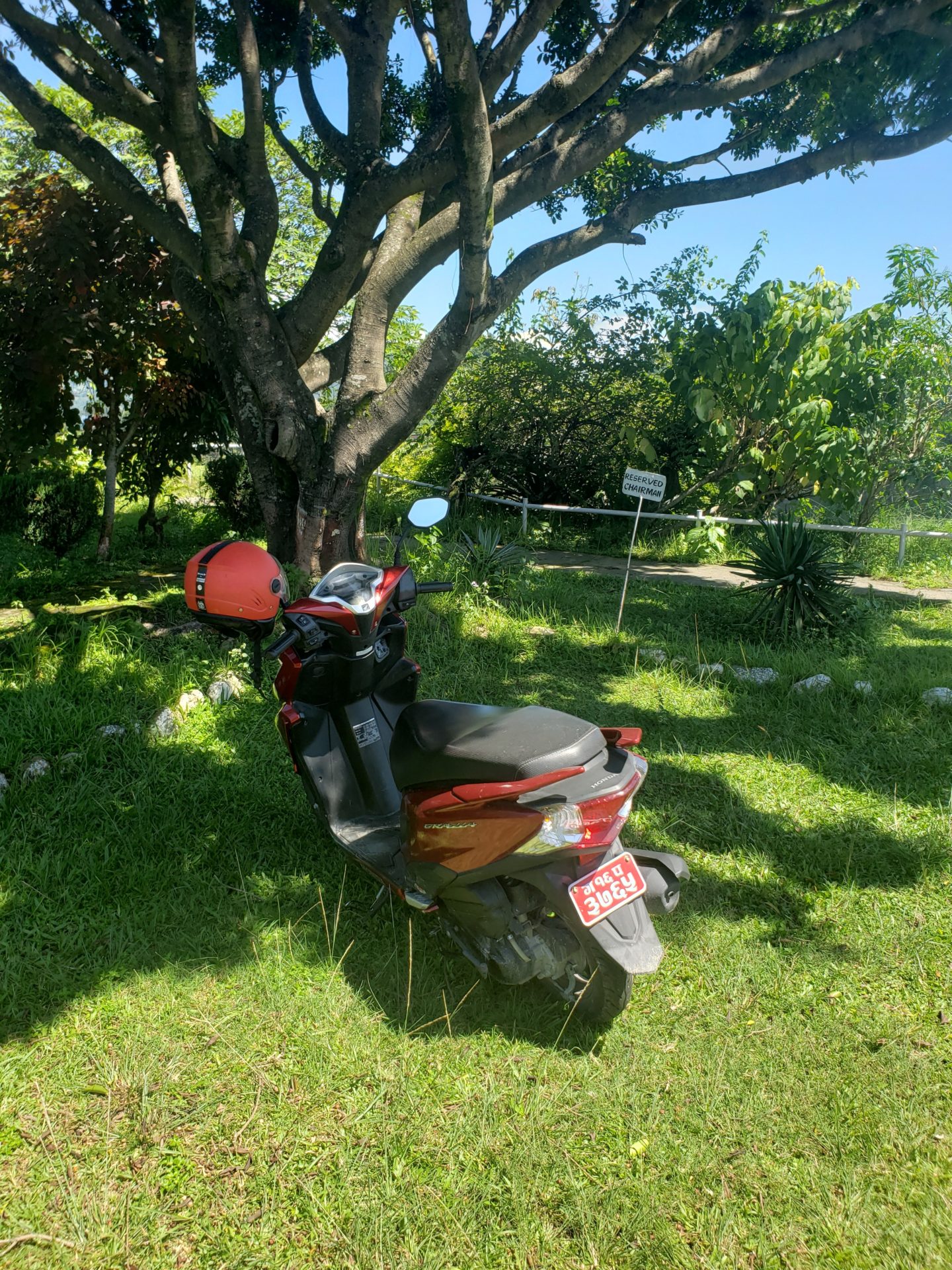 a motorcycle parked in a grassy area