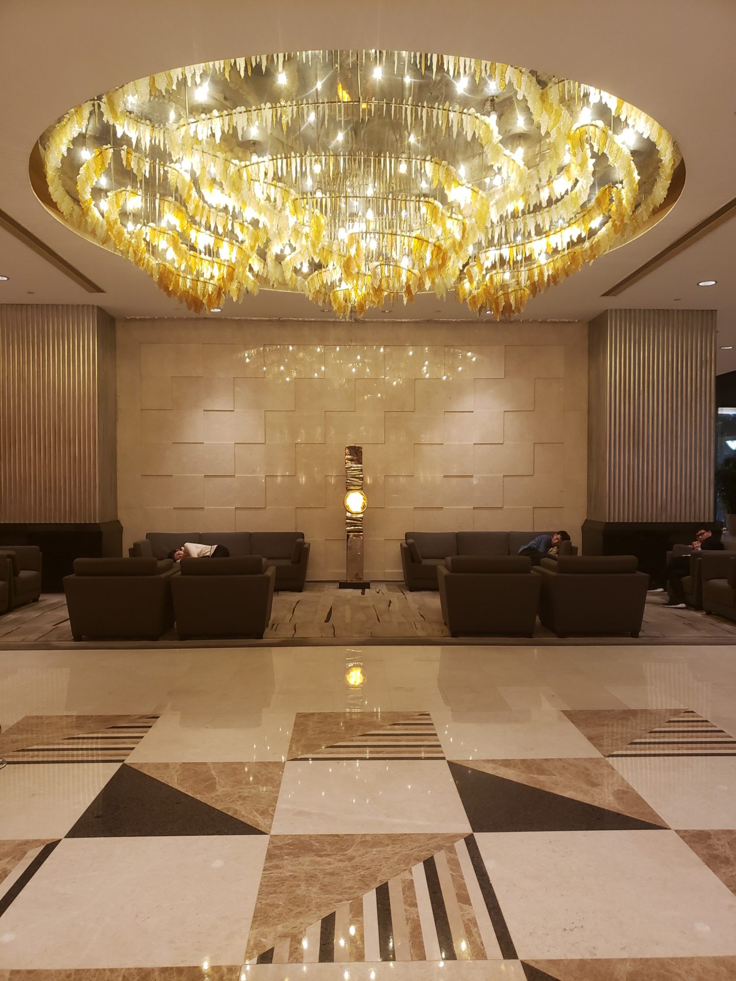 a large chandelier in a lobby