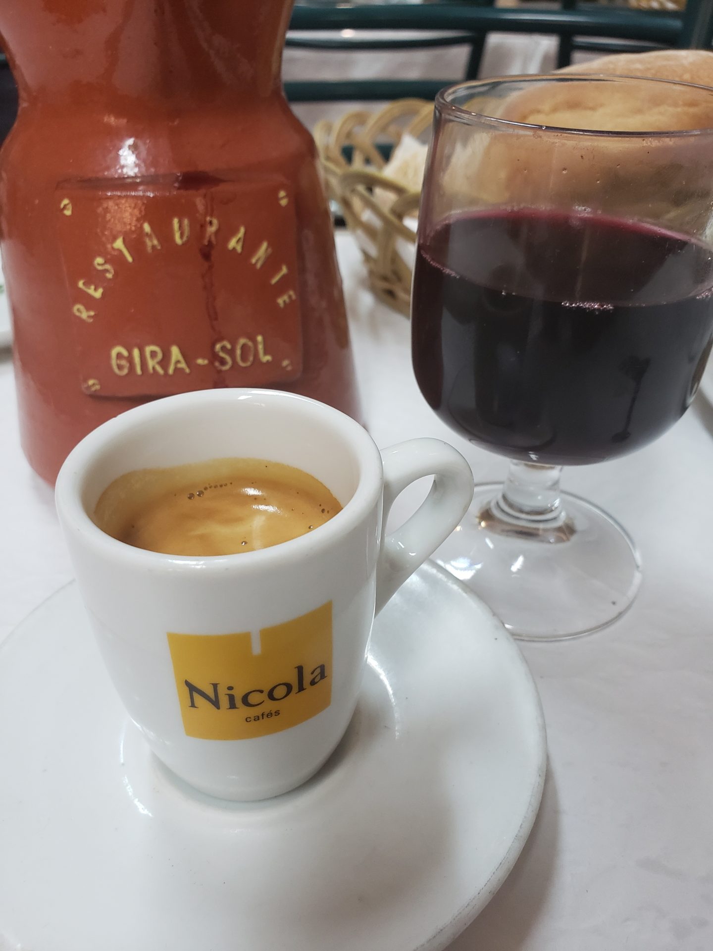 a cup of coffee and a glass of wine