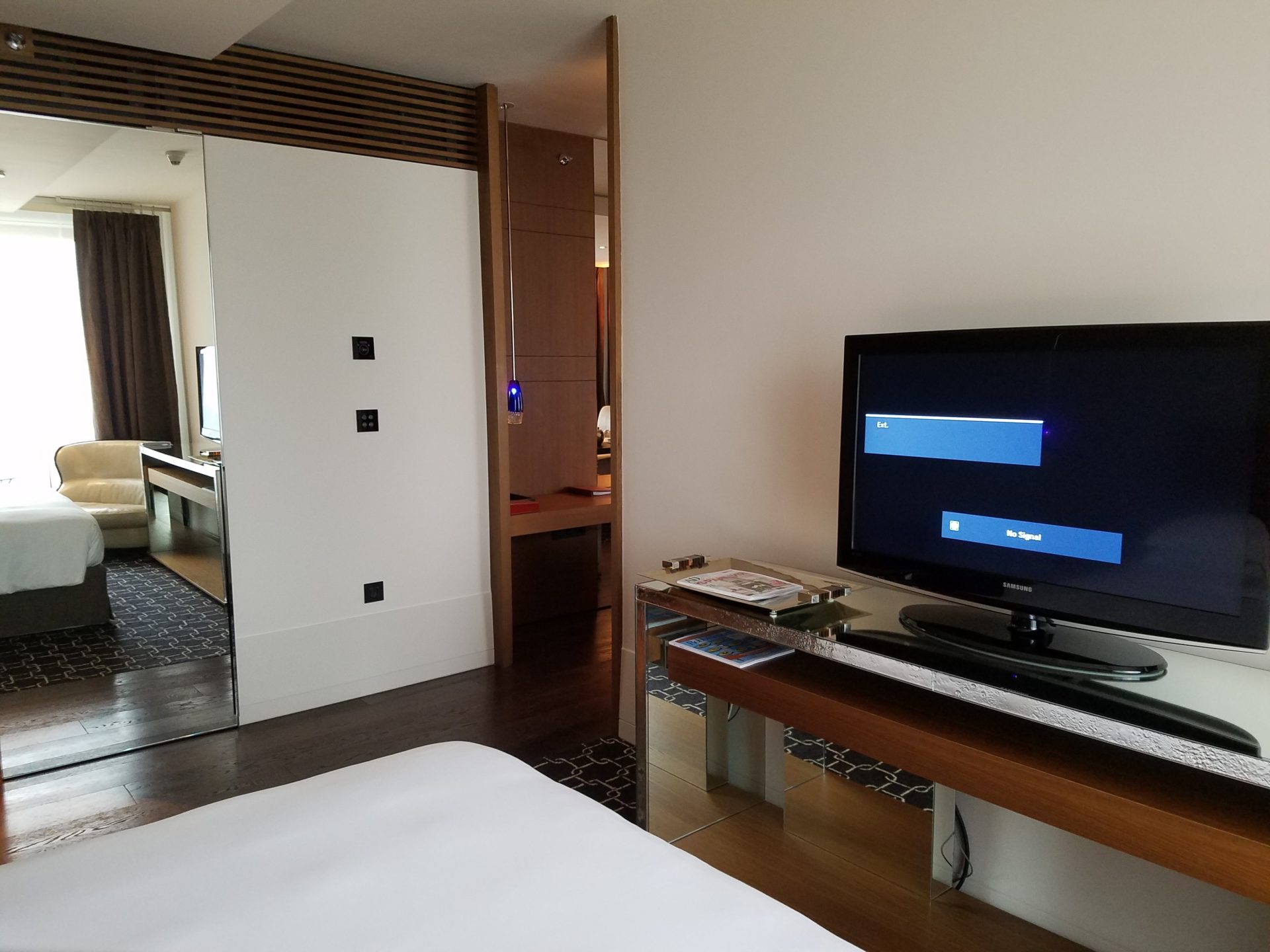 a tv on a table in a room