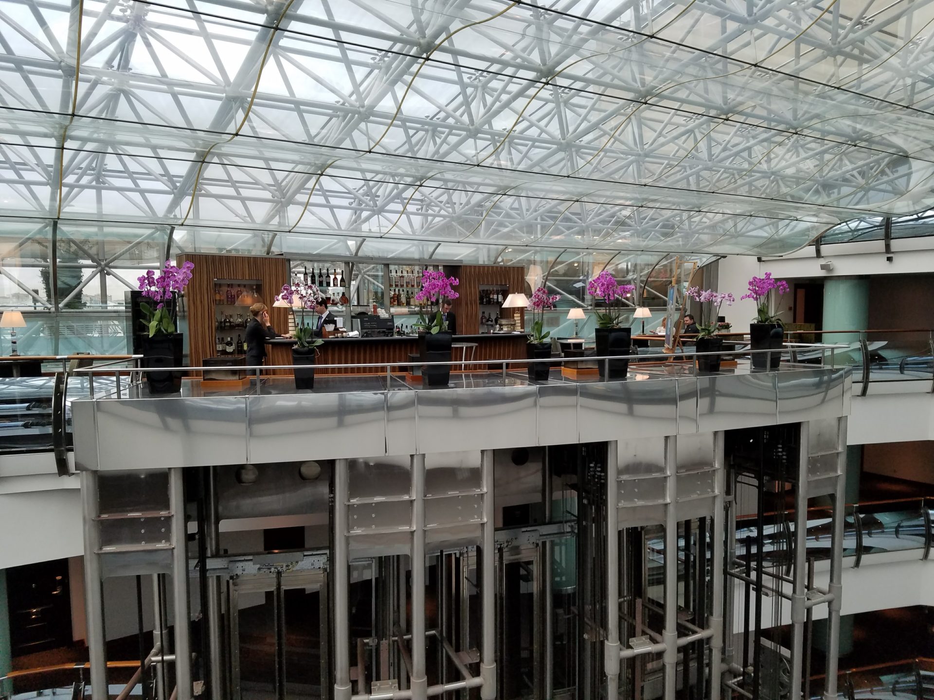 a glass roof with a bar and flowers