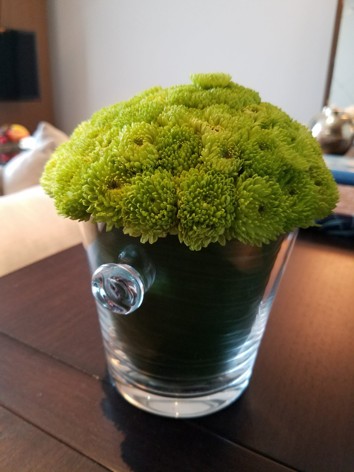 a green flowers in a glass cup