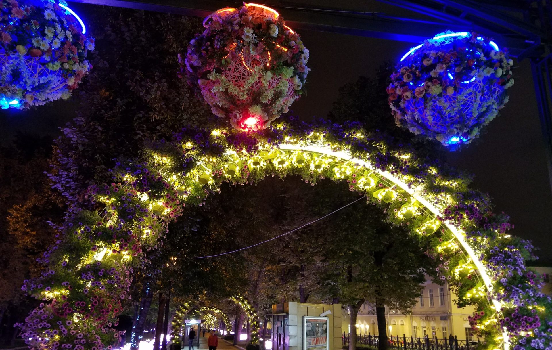 a lit arch with flowers and lights