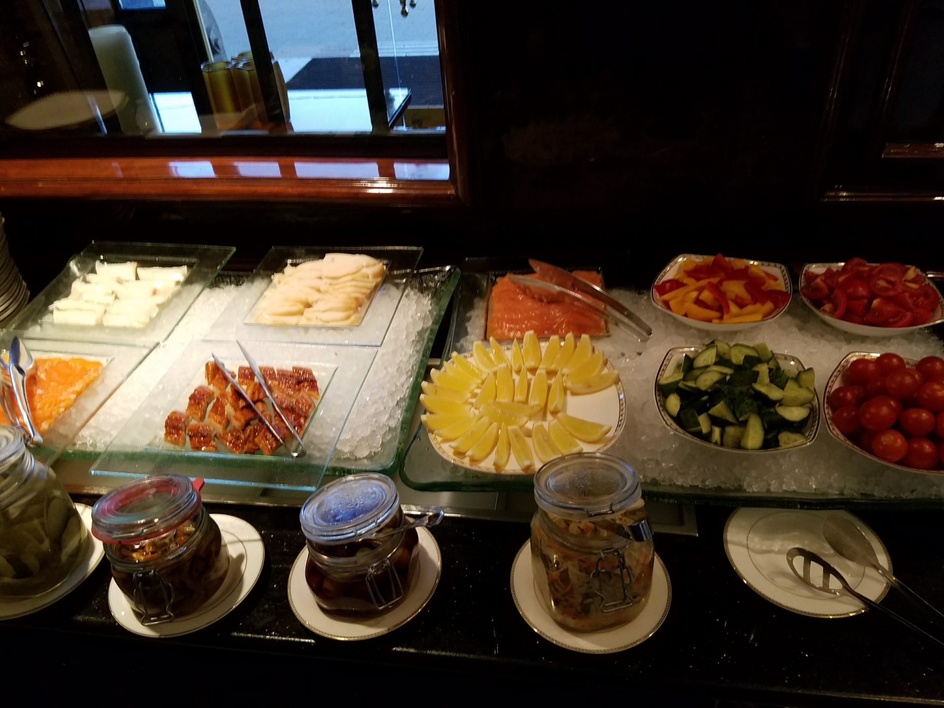 a buffet with different food on it