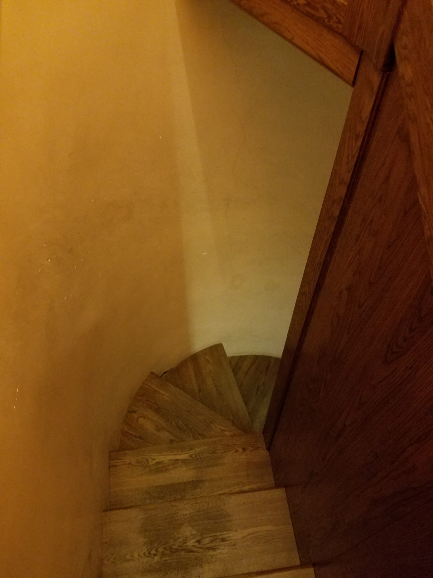 a wooden staircase with a wooden door