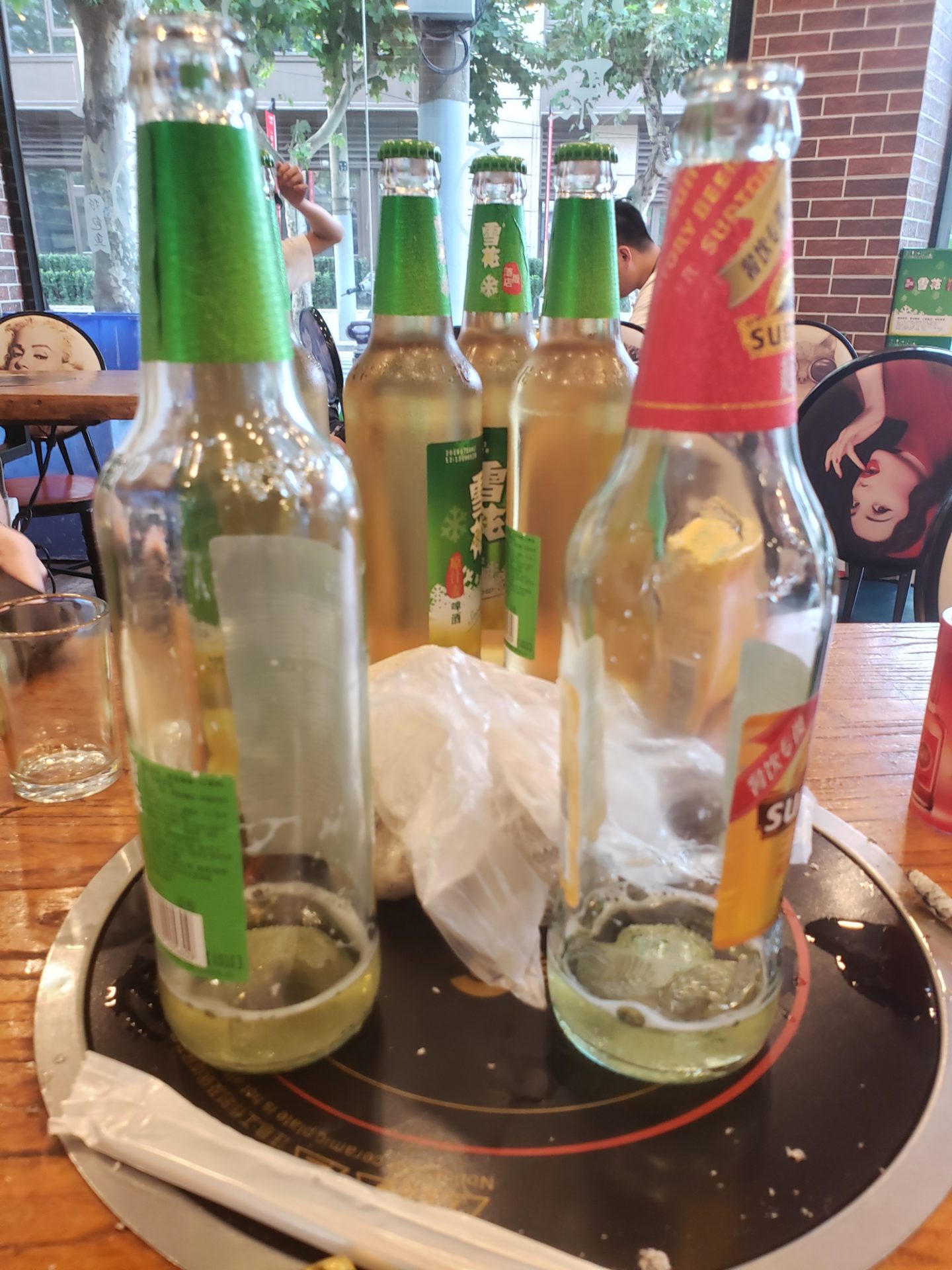 a group of empty bottles on a table