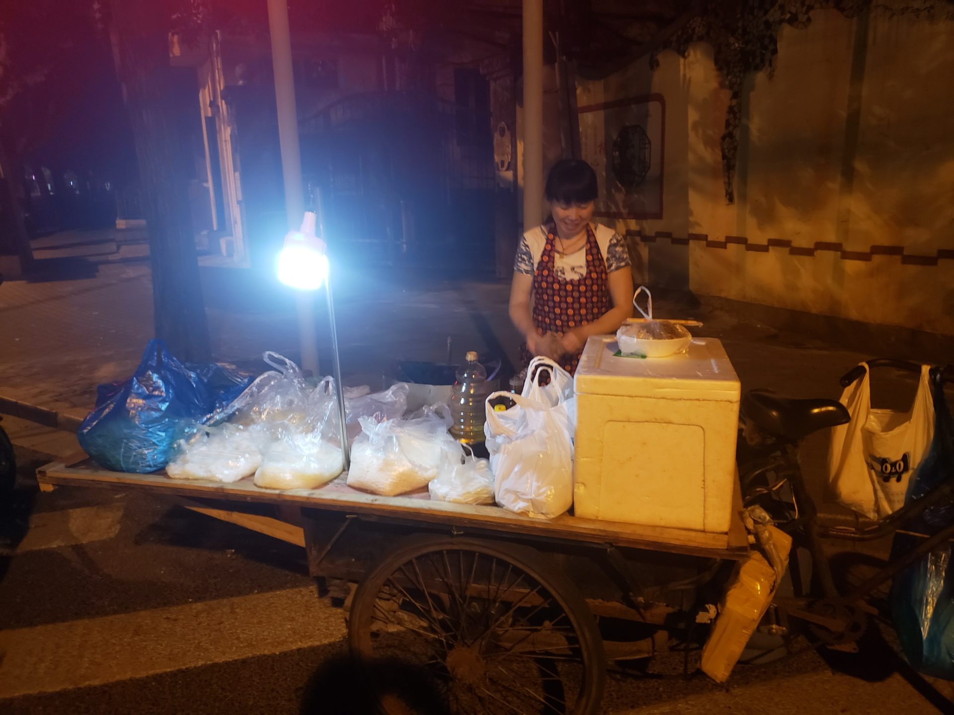 a woman standing next to a cart with bags of food on it