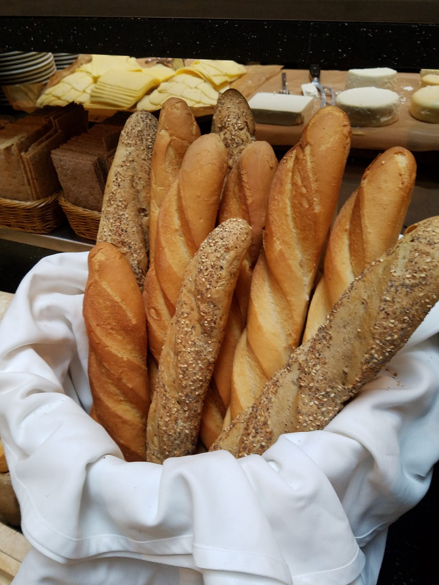 a basket of bread in a bakery