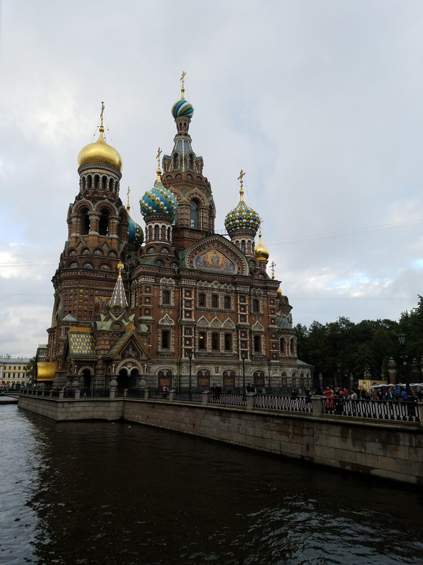Church of the Savior on Blood with many domes and crosses