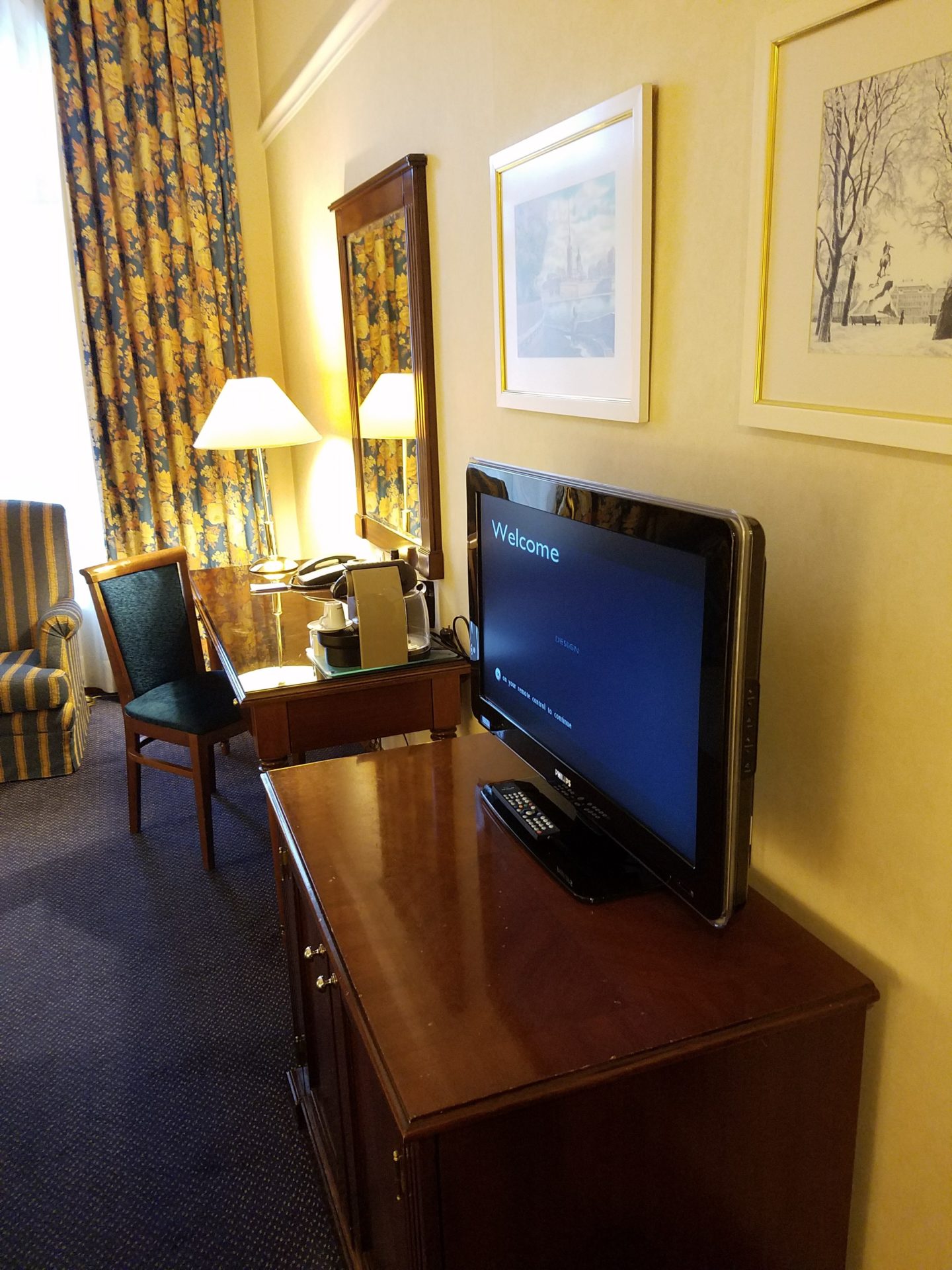 a tv on a table in a room