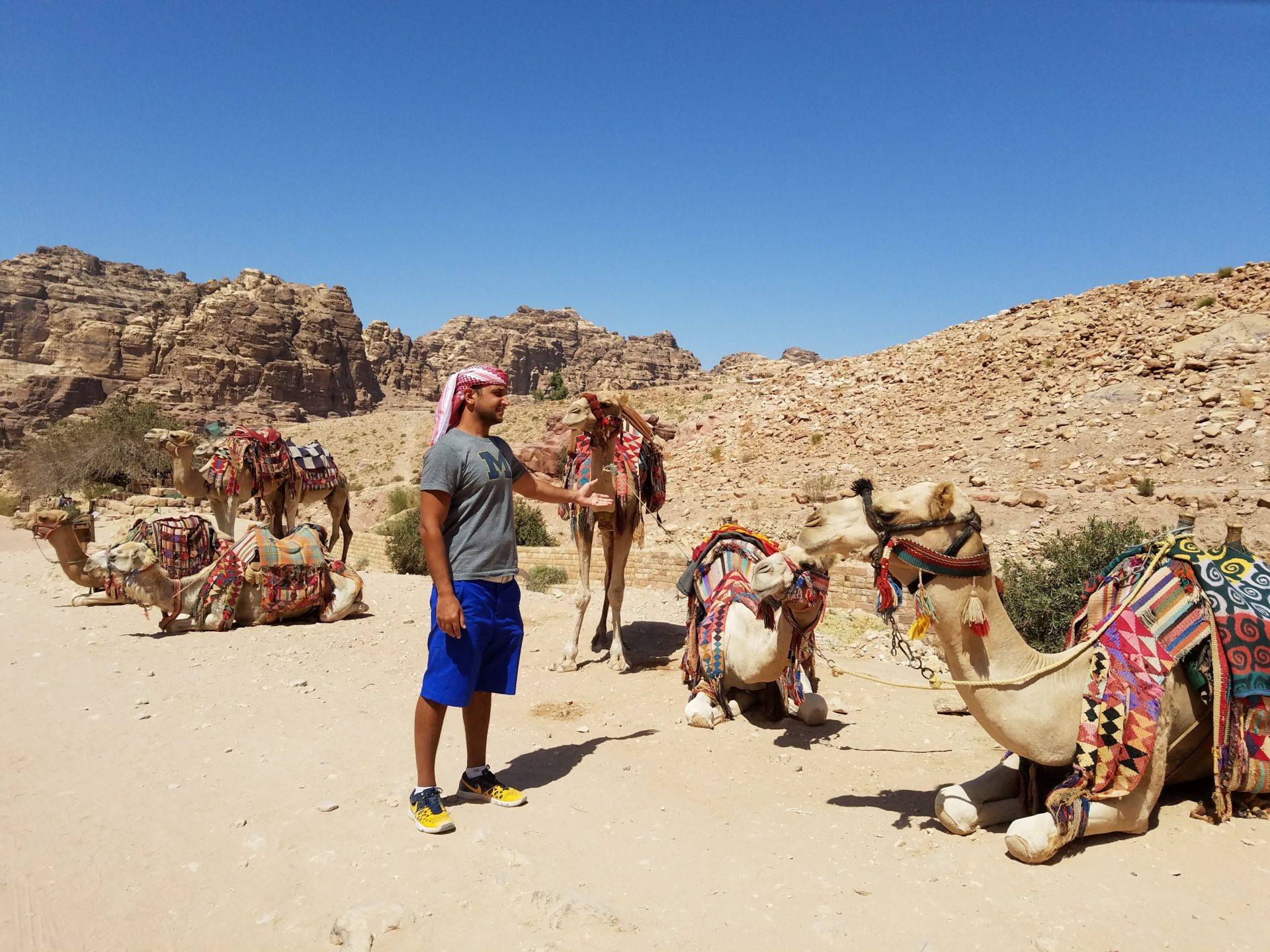 a man standing next to camels in the desert