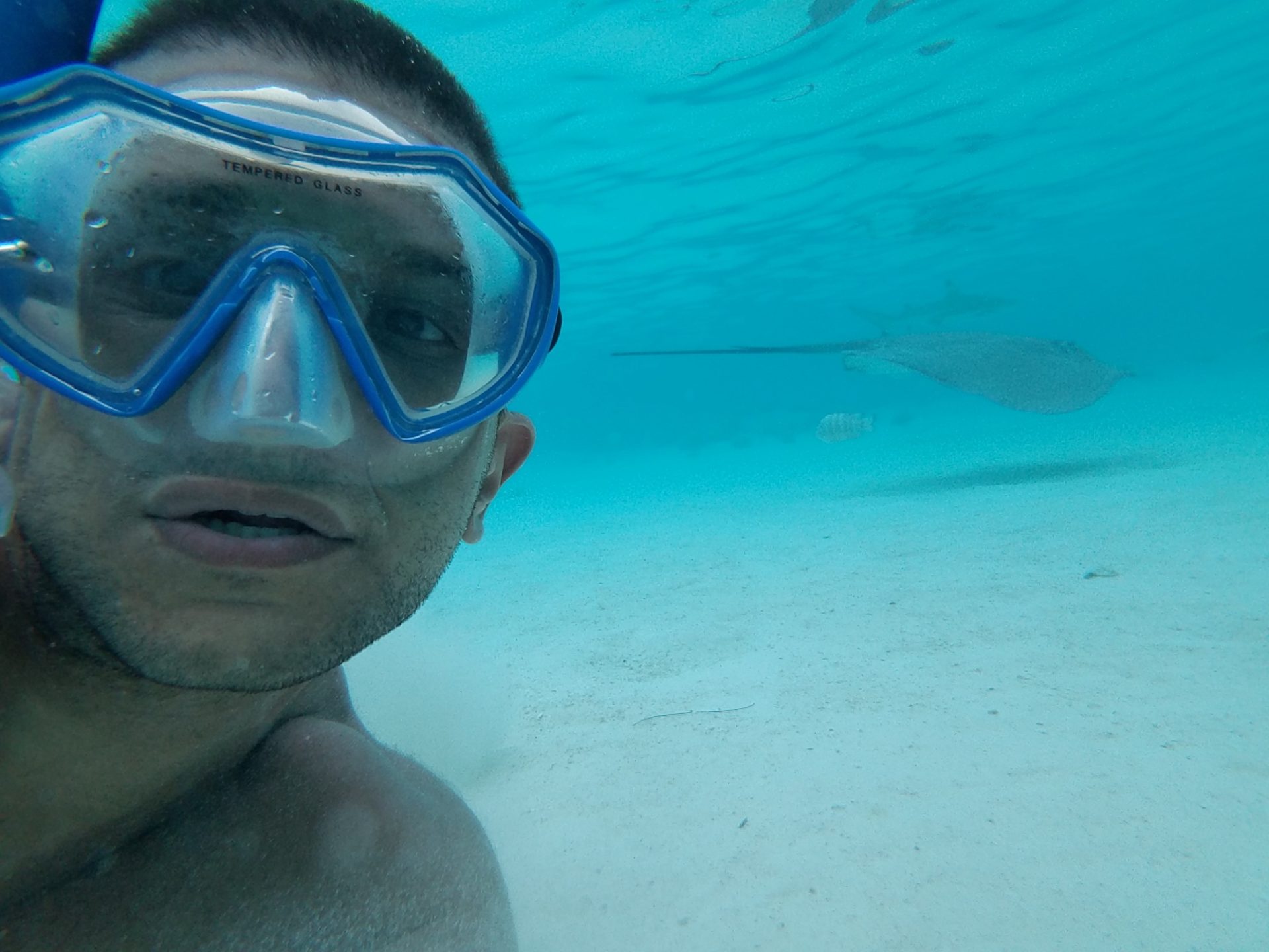 a man wearing goggles under water