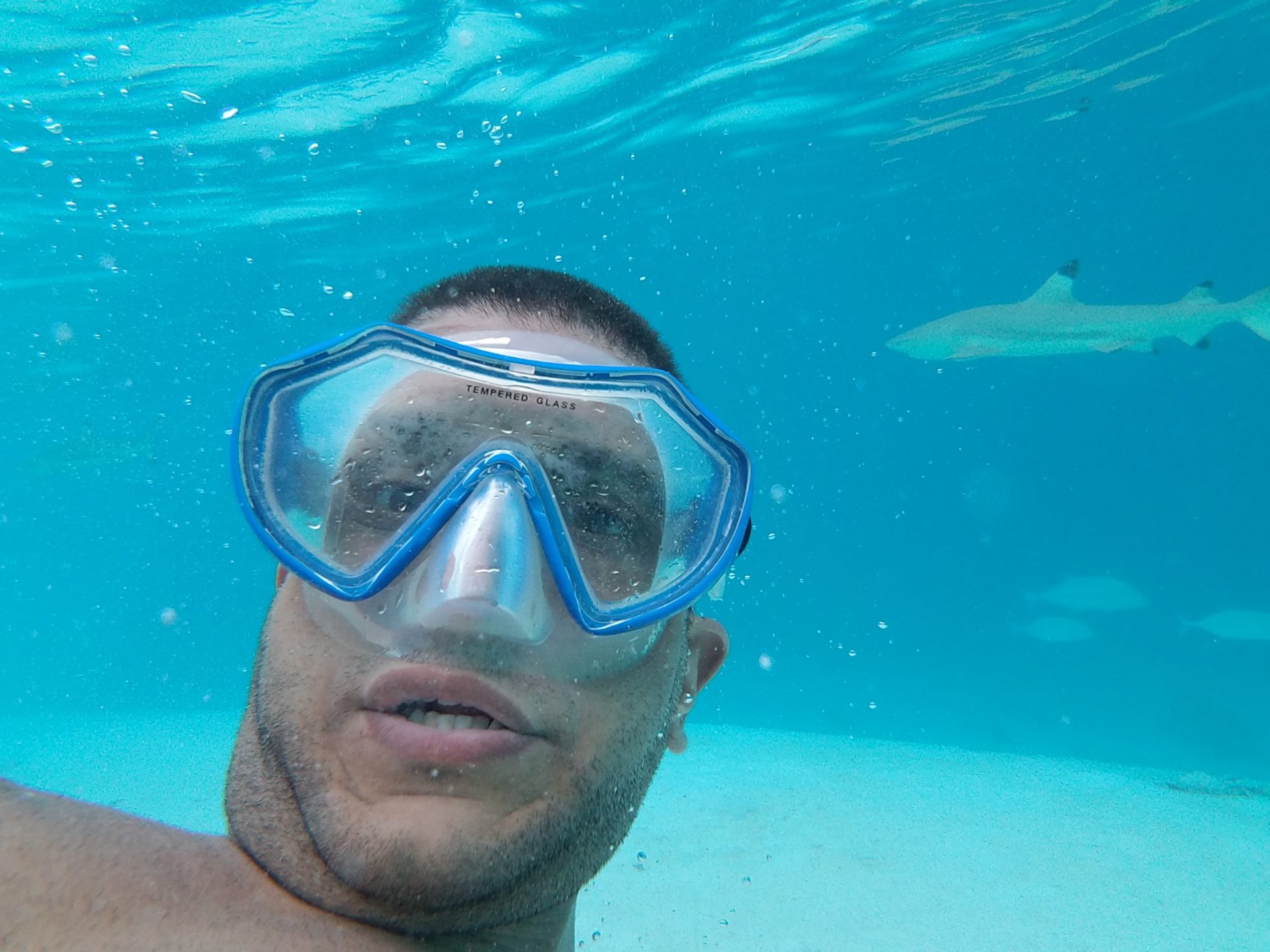 a man wearing goggles underwater