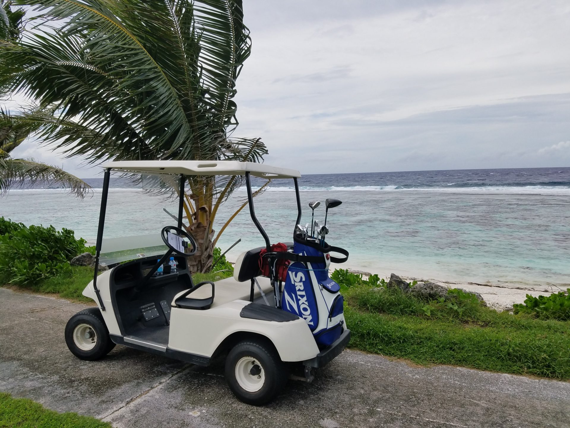 a golf cart parked on a sidewalk next to a palm tree