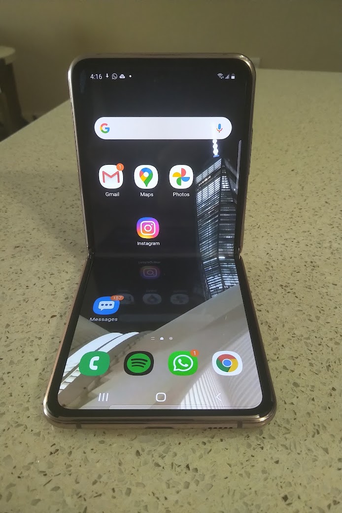 a foldable smartphone on a counter