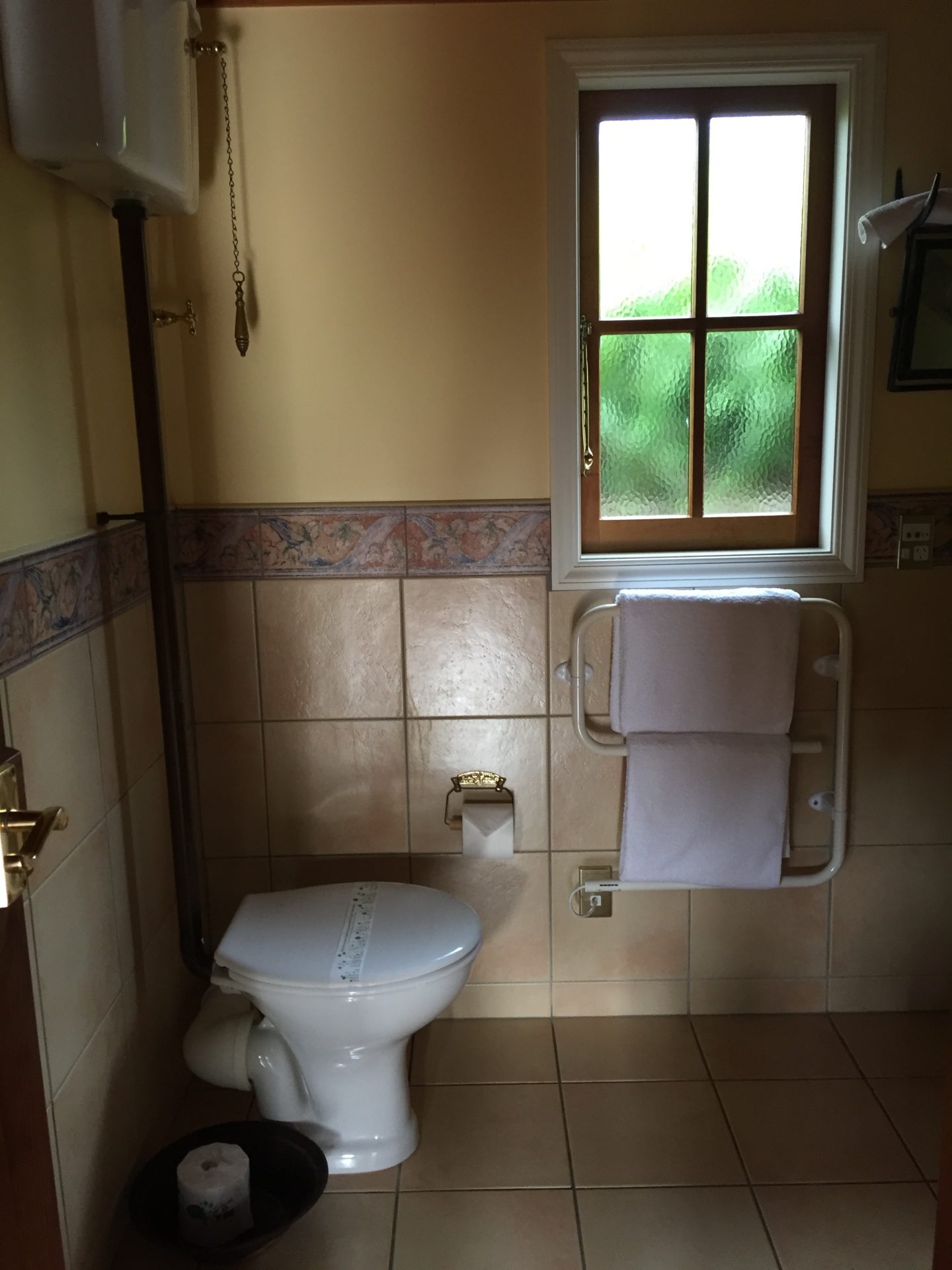 a bathroom with a toilet and a towel rack