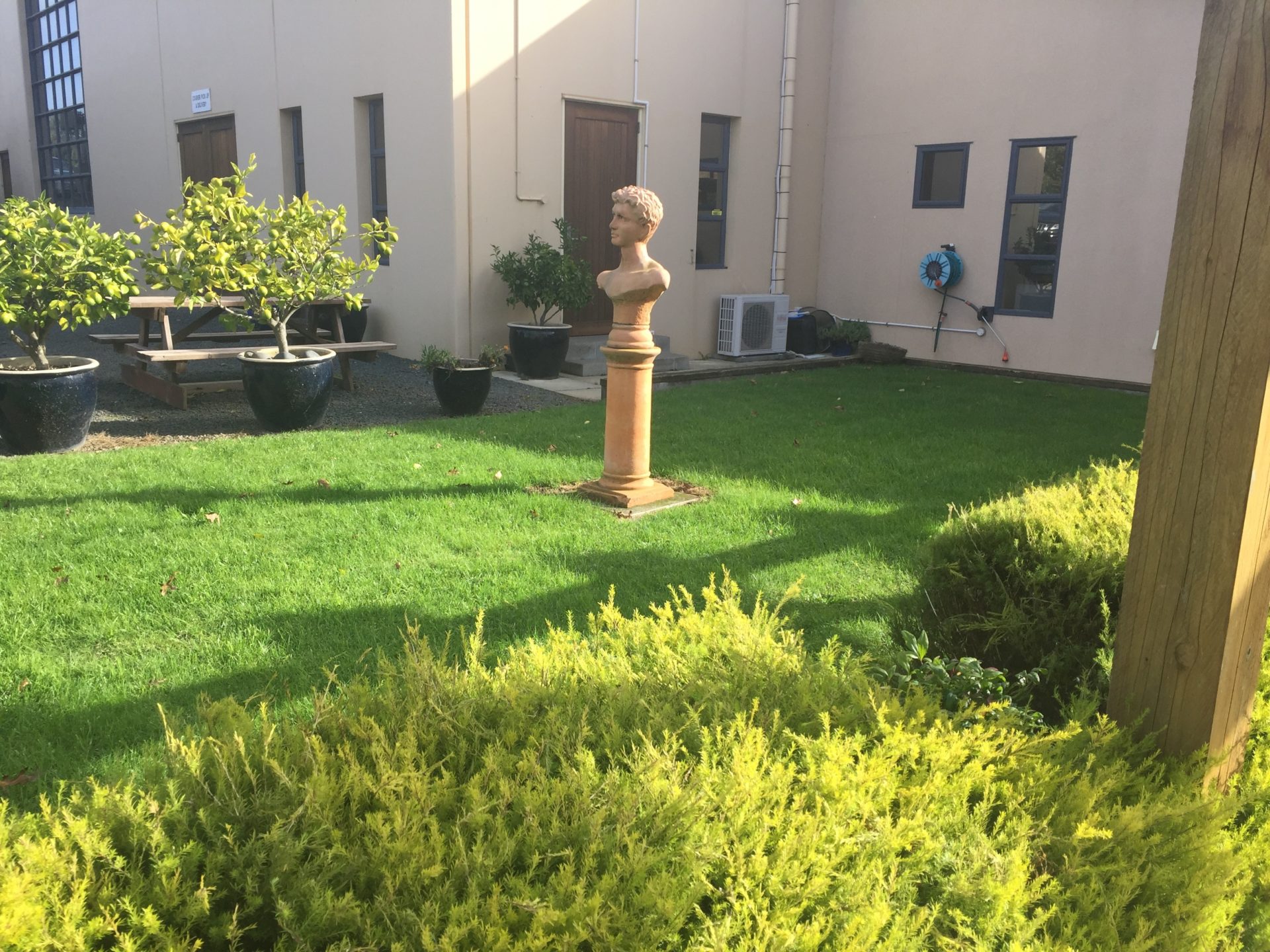 a statue in a yard