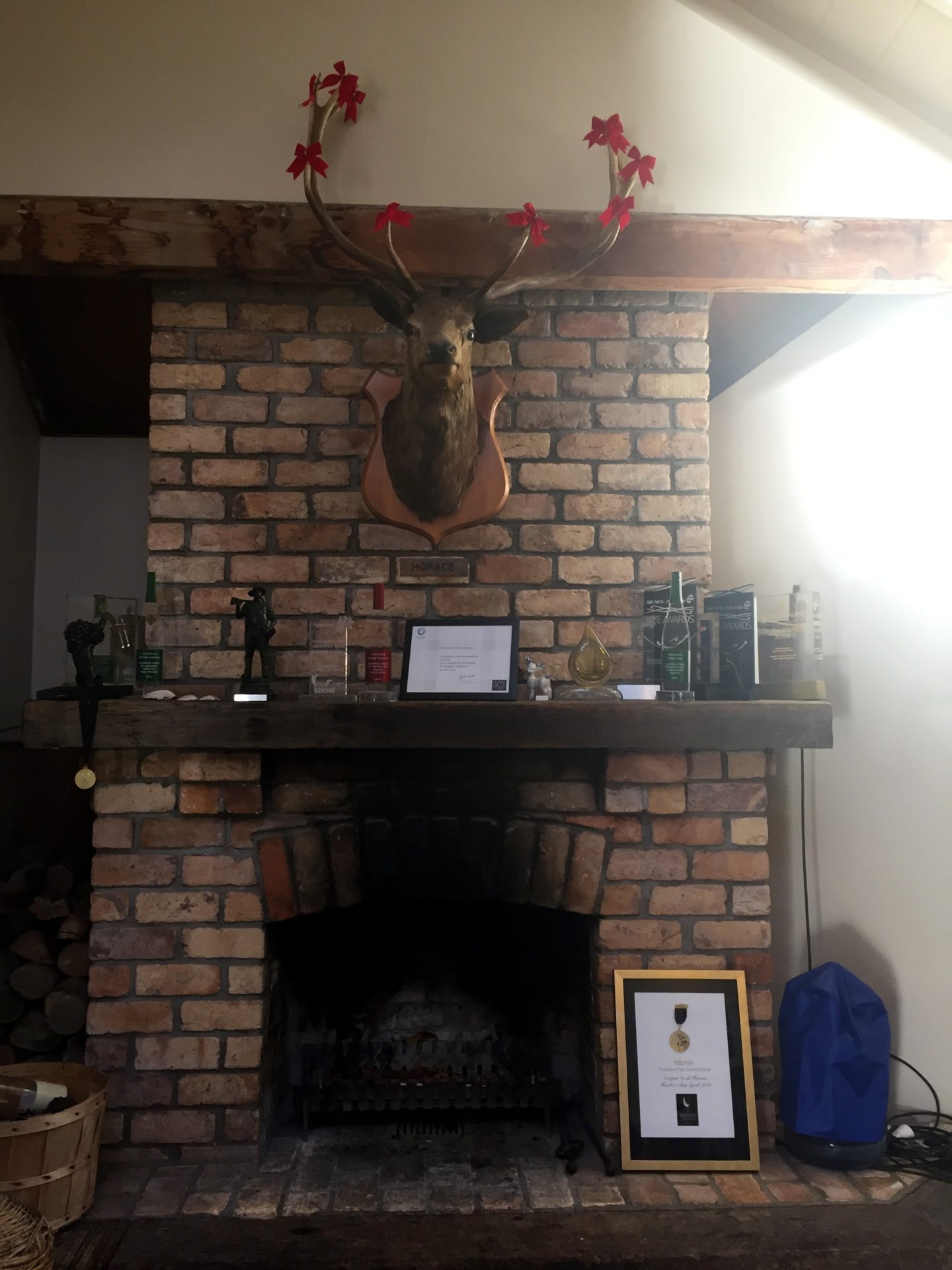 a fireplace with a deer head mounted on it