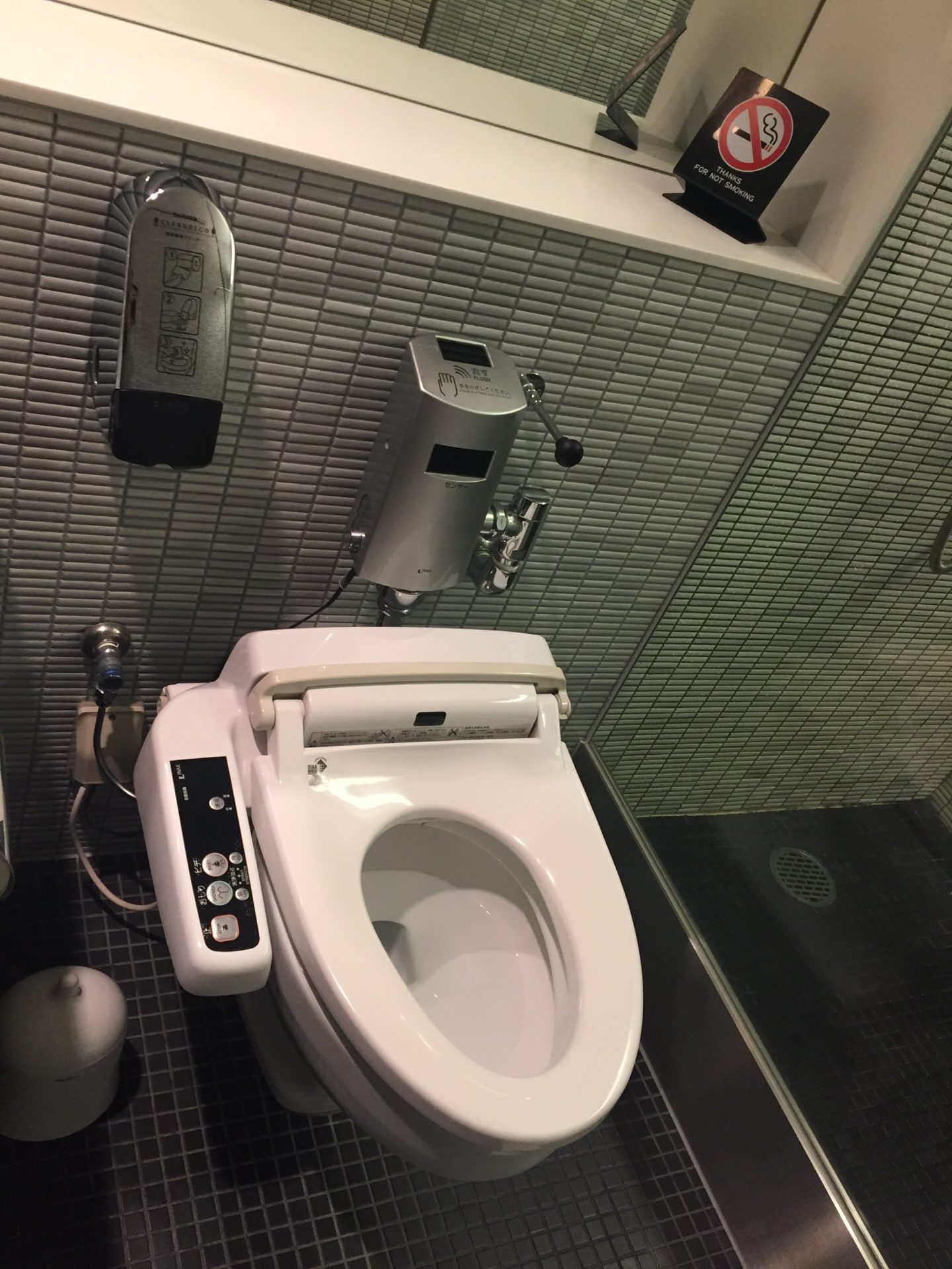 a toilet with a silver object on the wall
