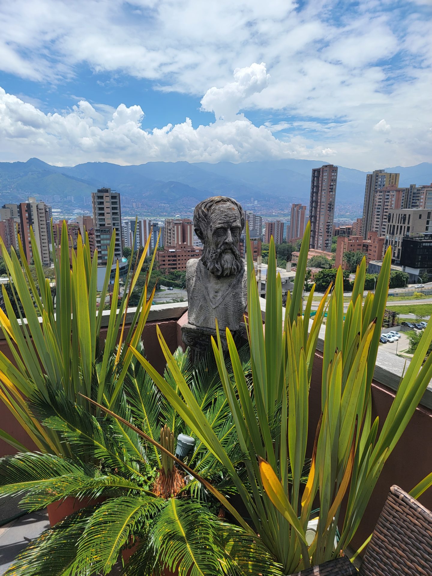 a statue of a man with a beard and a city in the background