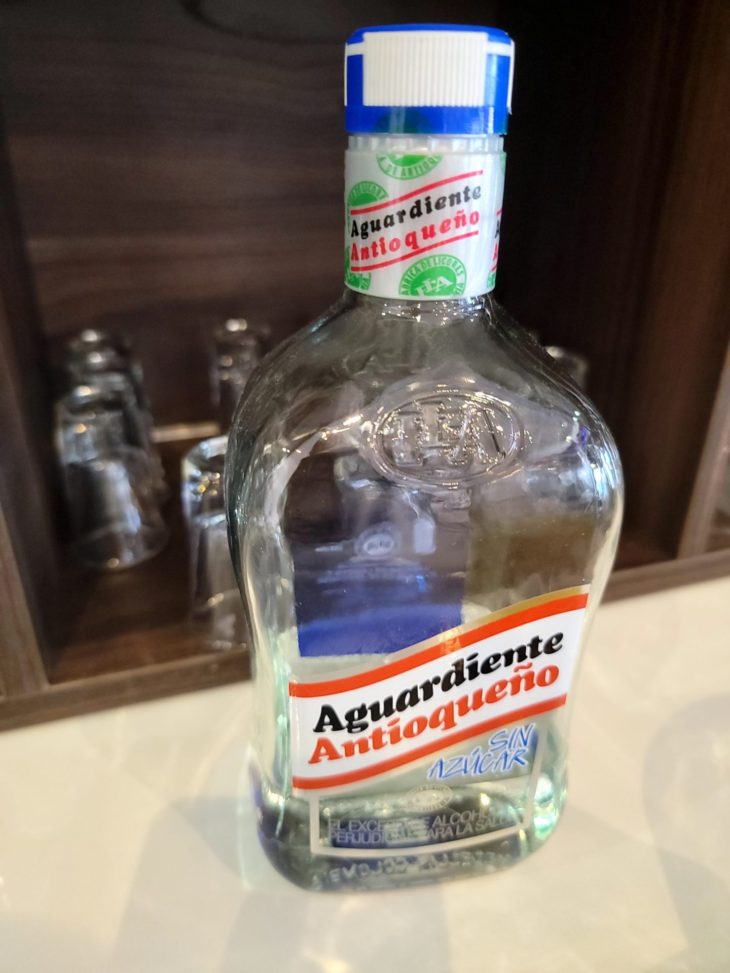 a bottle of alcohol on a counter