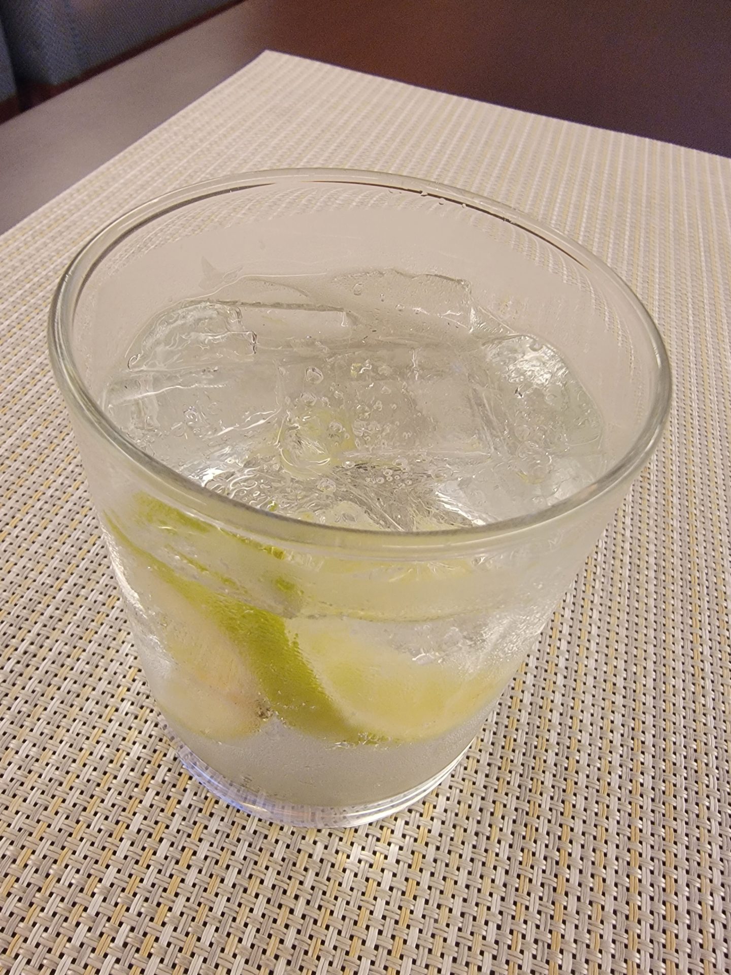 a glass with ice and lemon in it