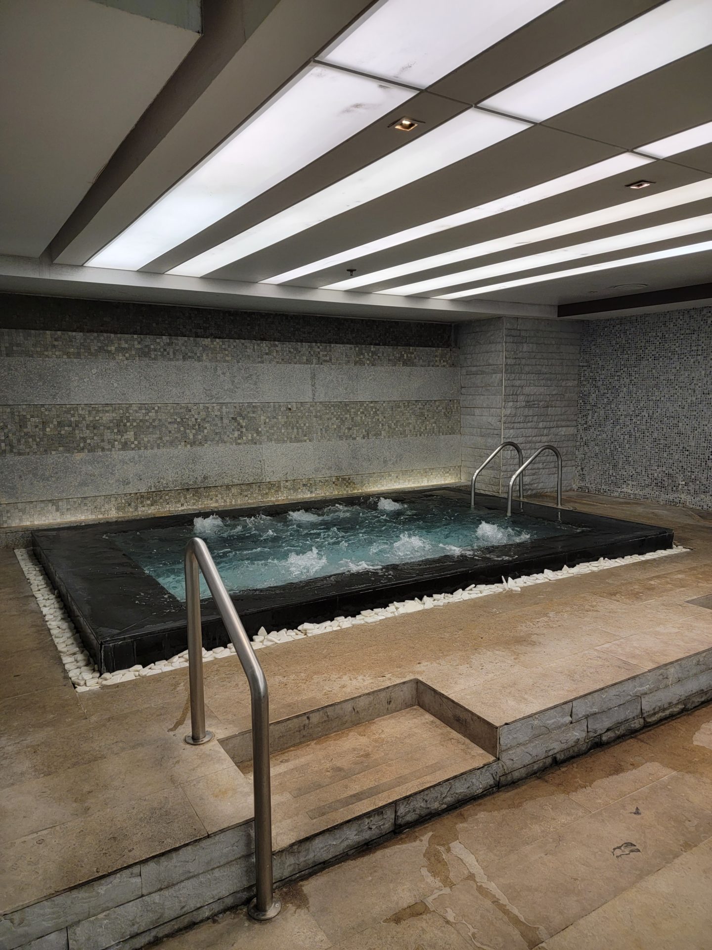 a indoor jacuzzi with a ladder