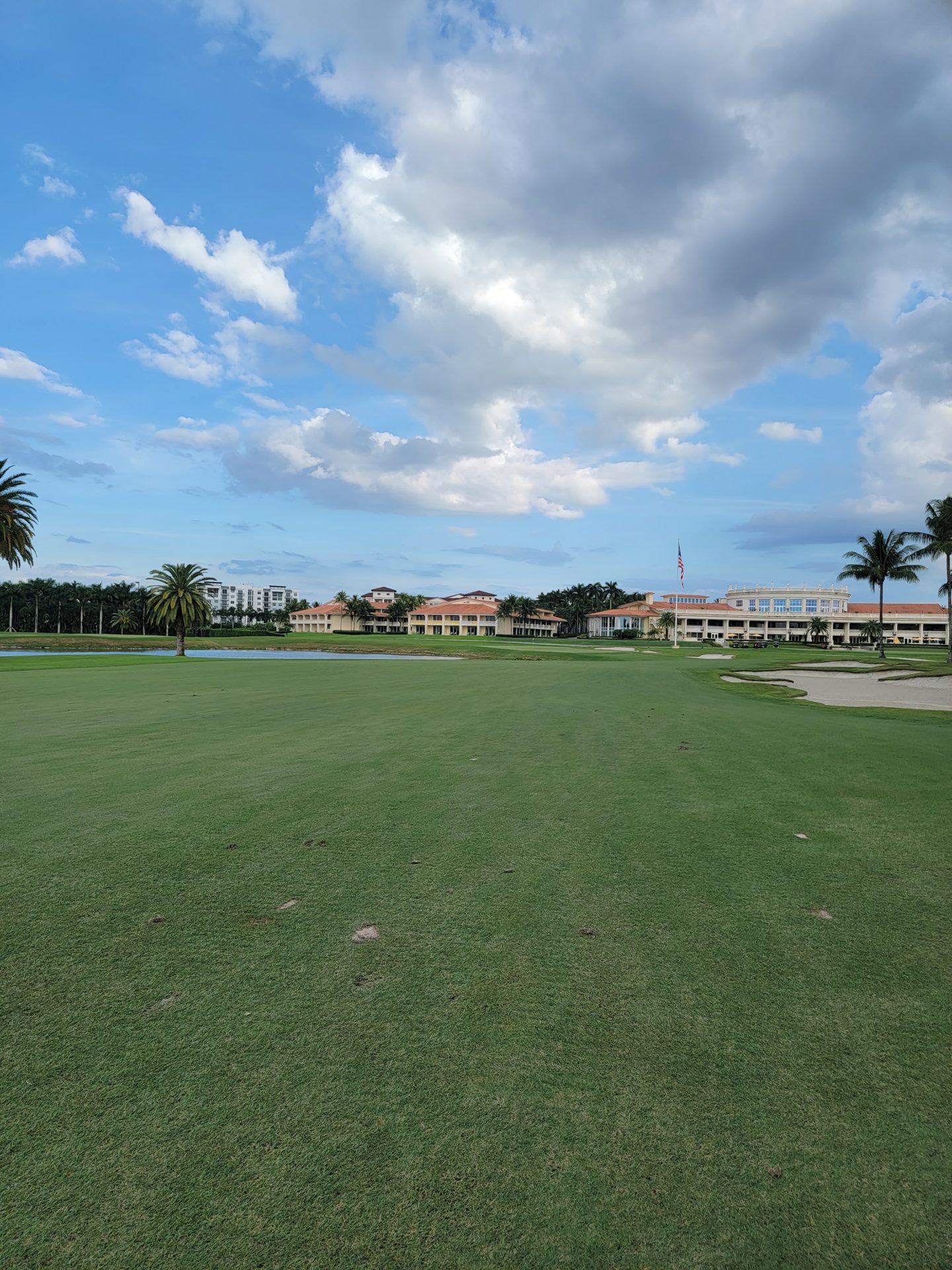 a golf course with a large green field and palm trees