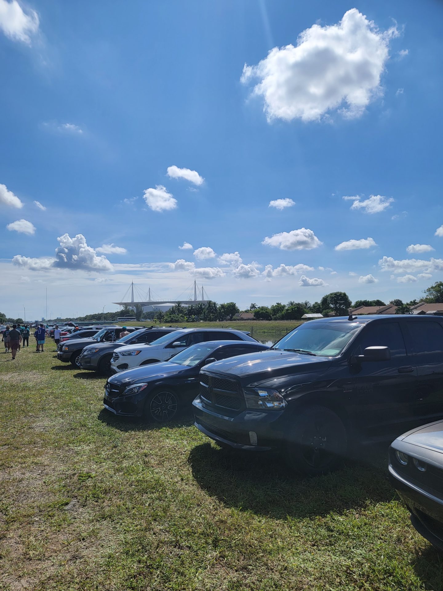 a group of cars parked in a field