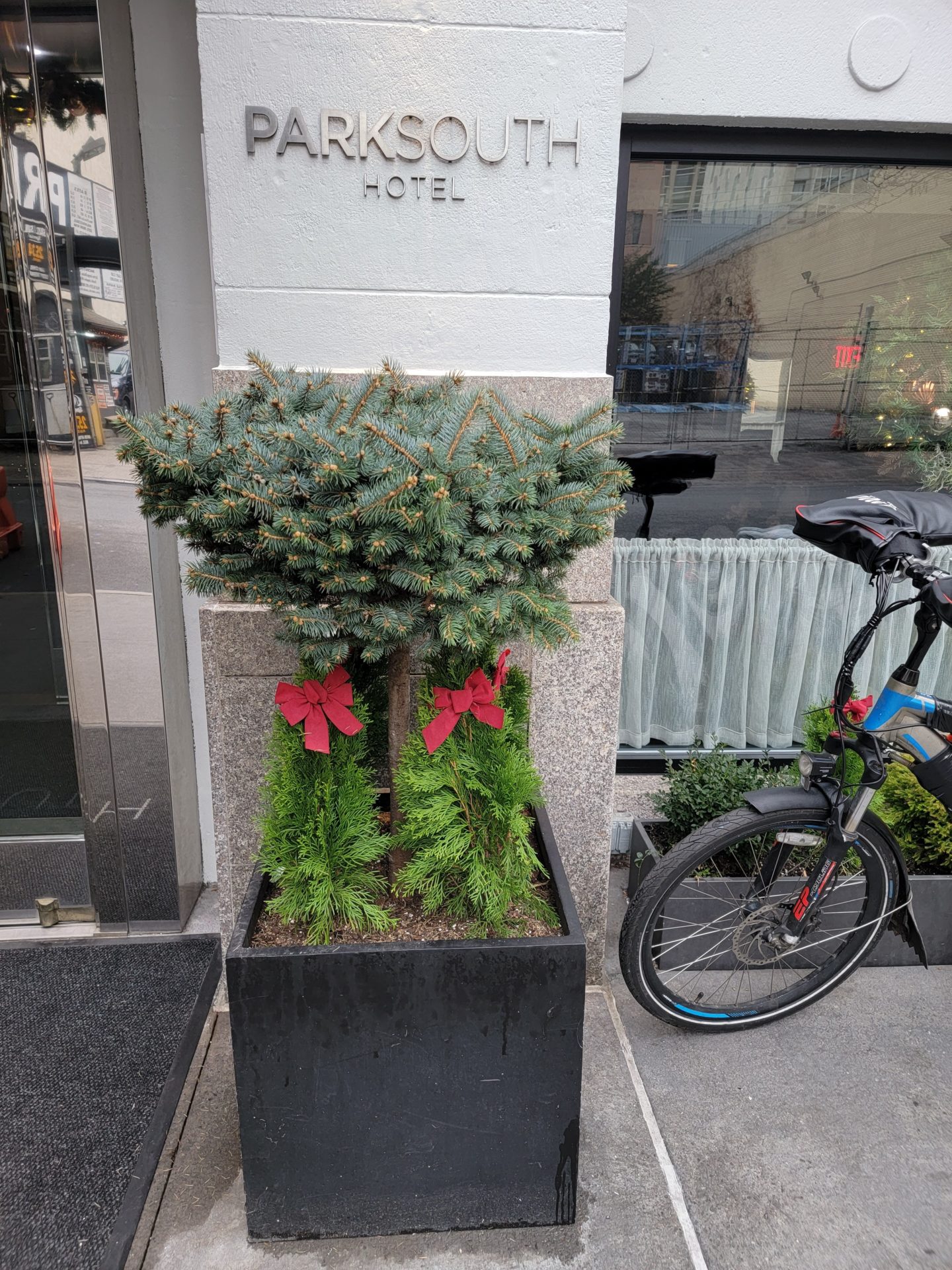 a tree with red bows in a square black container next to a bicycle