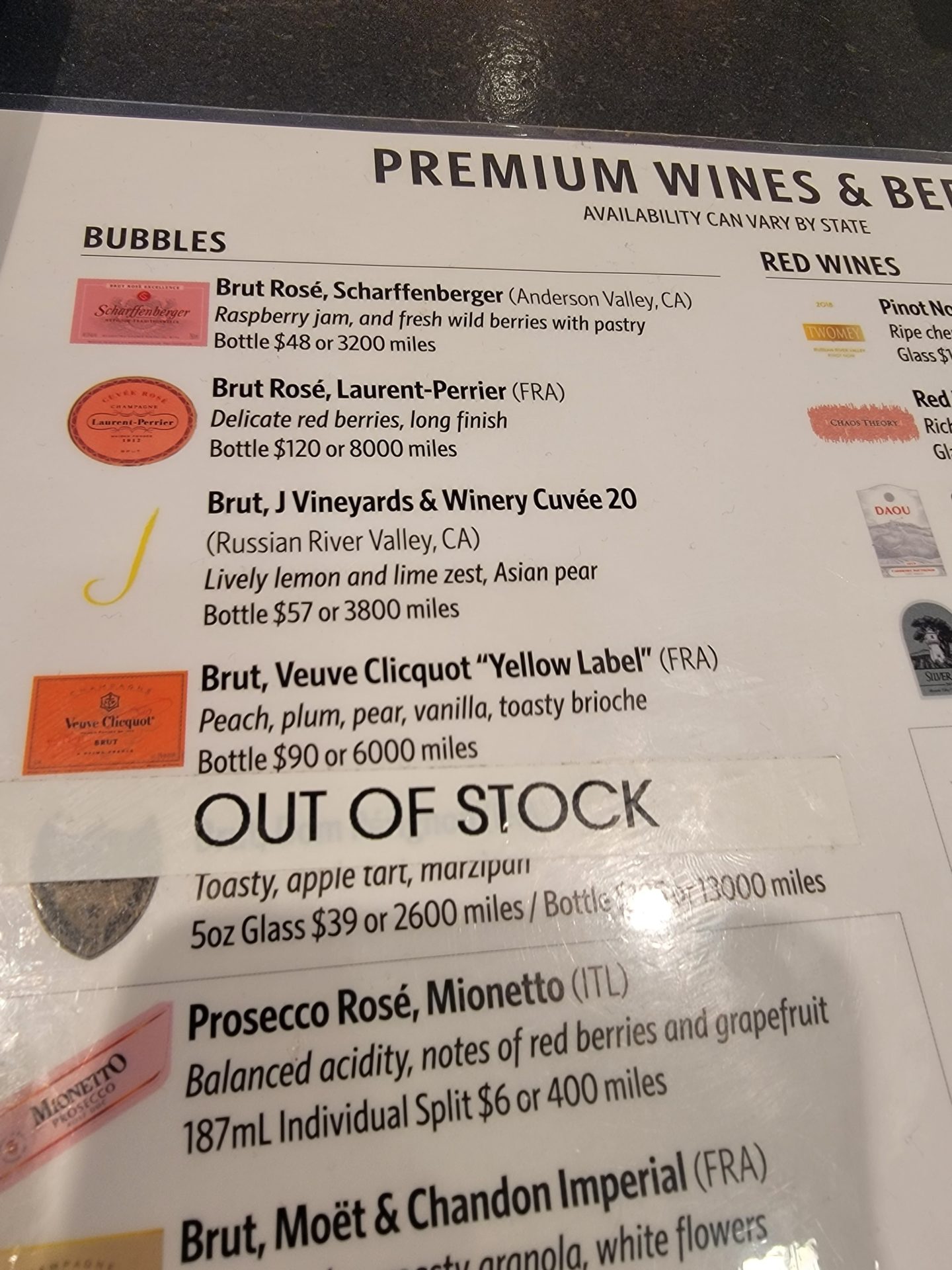 a menu of wine and wine