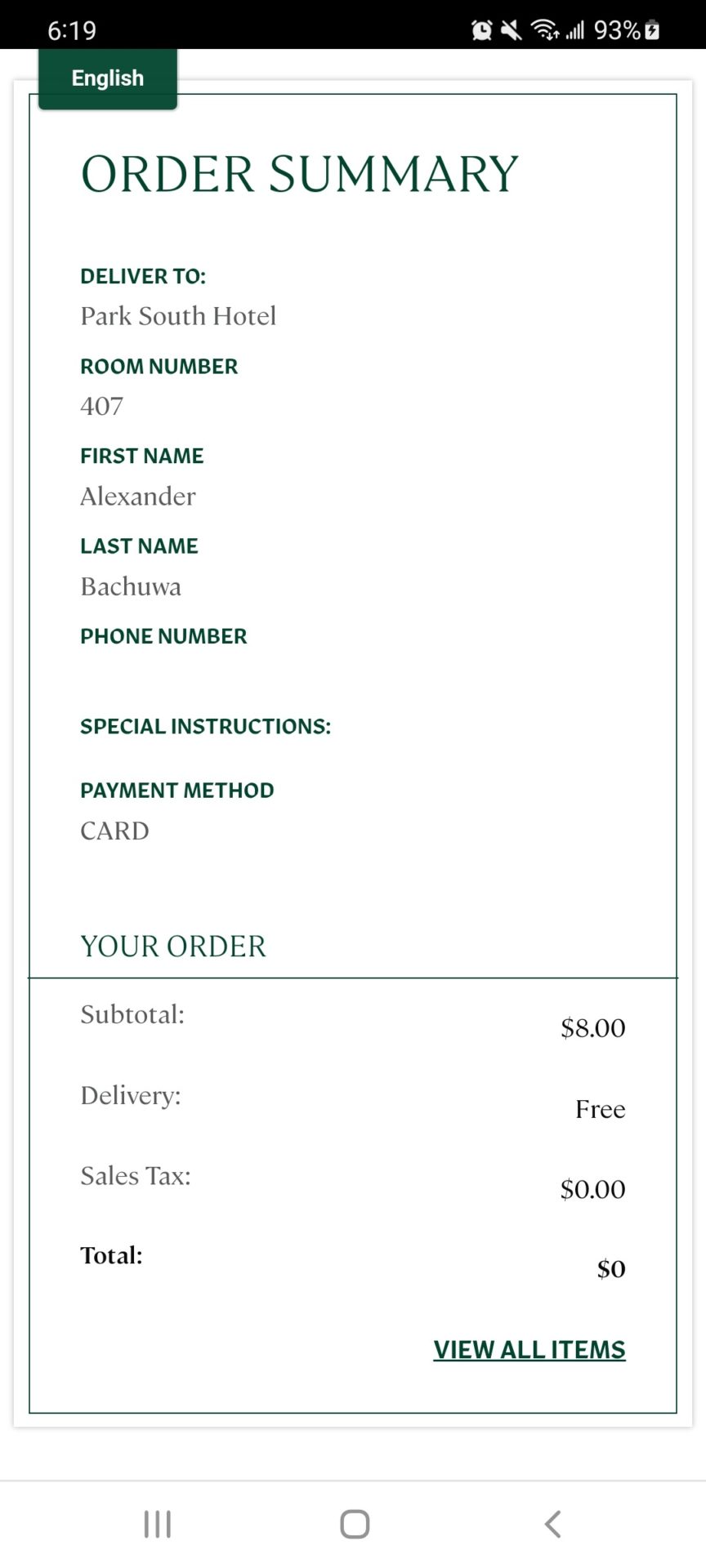 a screenshot of a phone order